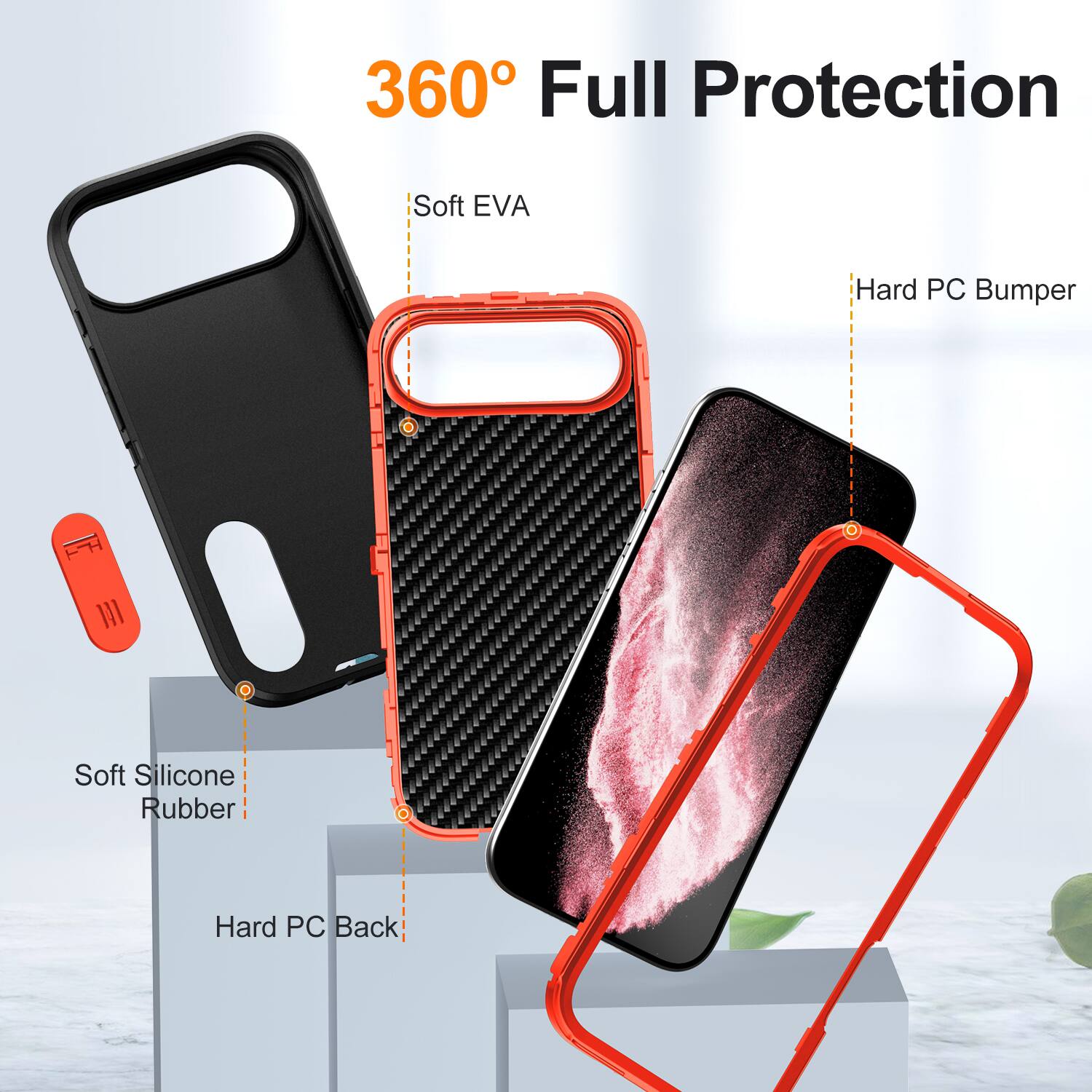 360° Full Protection

- Soft EVA
- Hard PC Bumper
- Soft Silicone Rubber
- Hard PC Back