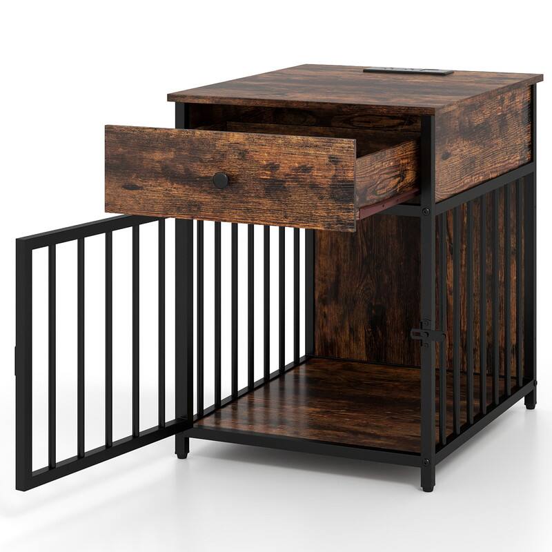 Alt View 4. WELLFOR - Dog Crate Furniture for Small Dogs，Wooden Puppy Kennel with Charging Station & Drawer - Rustic Brown.