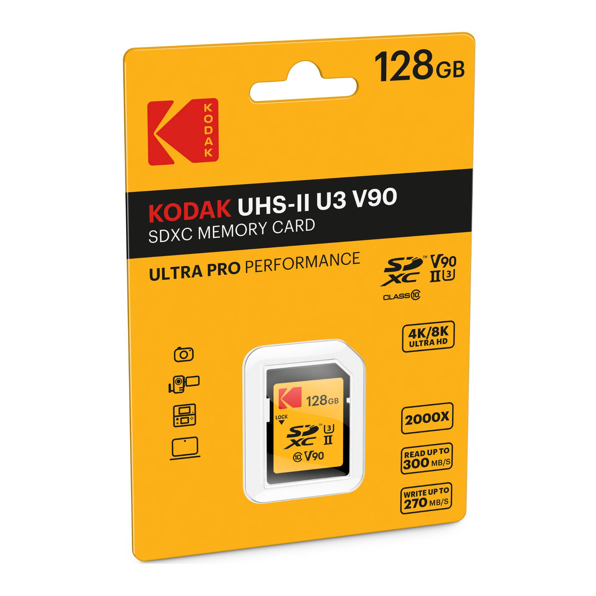 128GB KODAK UHS-II U3 V90 SDXC MEMORY CARD  
ULTRA PRO PERFORMANCE  
4K/8K ULTRA HD  
2000X  
READ UP TO 300 MB/S  
WRITE UP TO 270 MB/S