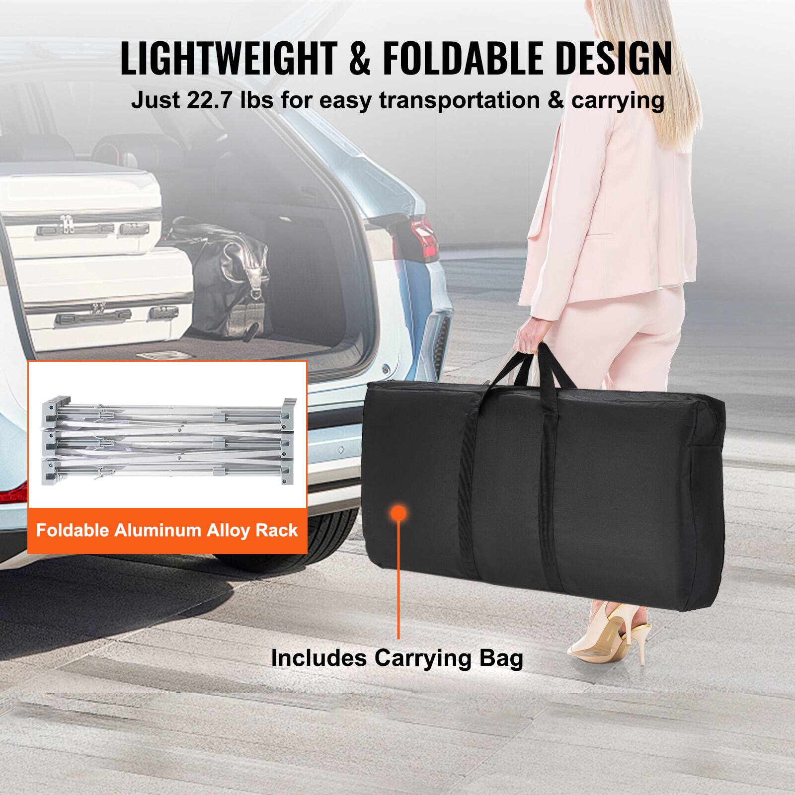 LIGHTWEIGHT & FOLDABLE DESIGN  
Just 22.7 lbs for easy transportation & carrying  

Foldable Aluminum Alloy Rack  

Includes Carrying Bag