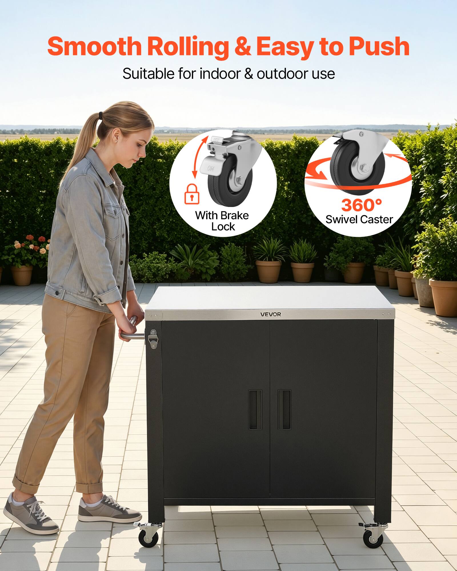 Smooth Rolling & Easy to Push  
Suitable for indoor & outdoor use  
With Brake Lock  
360° Swivel Caster  
VEVOR