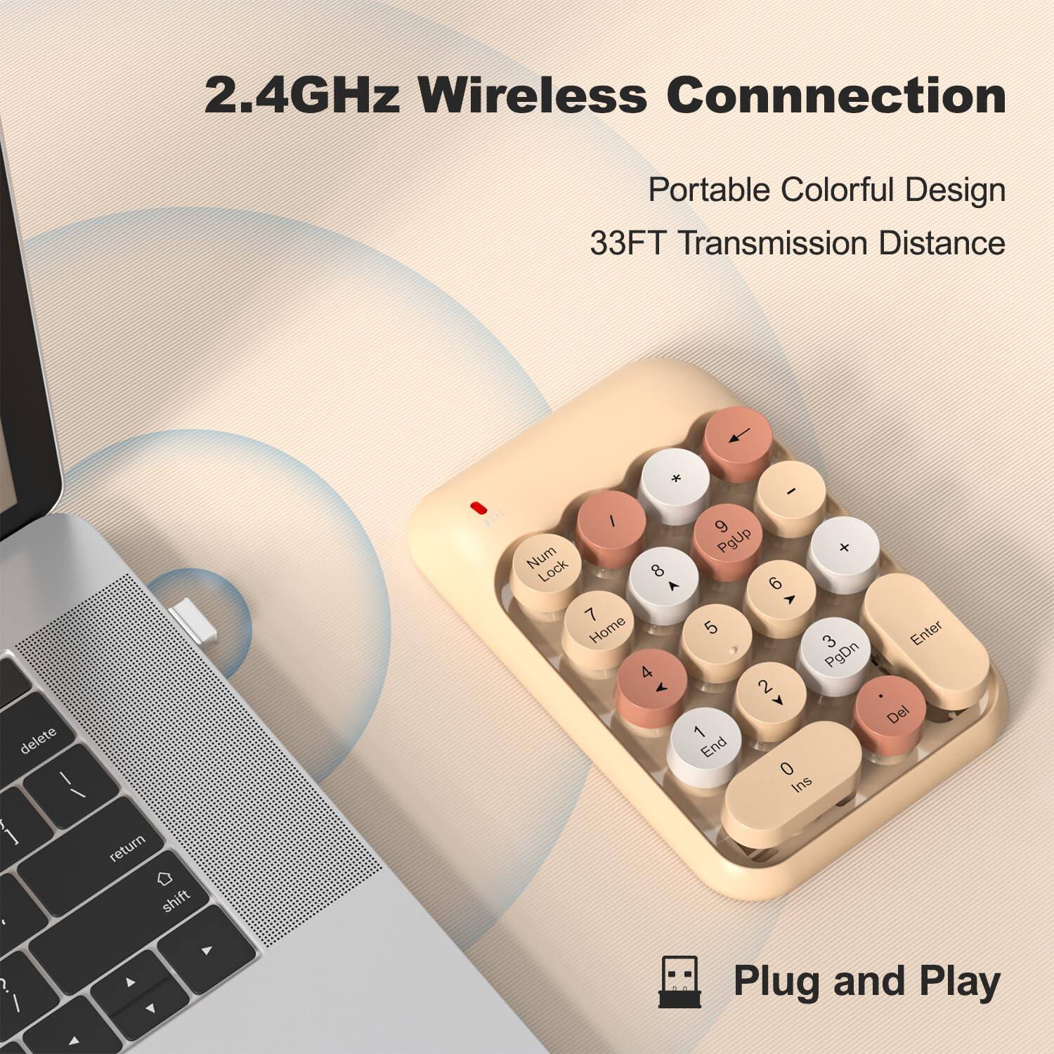 2.4GHz Wireless Connection  
Portable Colorful Design  
33FT Transmission Distance  

I I I Num Lock 8 A 7 Home 4 A 9 PgUp + 6 A 5 3 3 PgDn 2 Y 1 End 0 Ins Enter Del  

return shift ? A Y  

Plug and Play