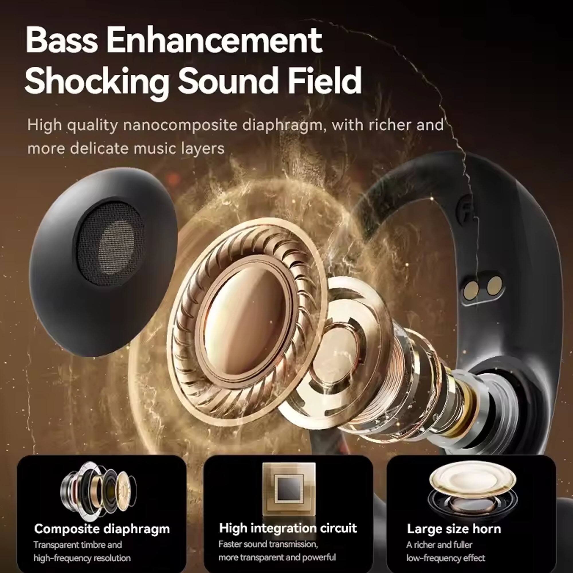Bass Enhancement Shocking Sound Field

High quality nanocomposite diaphragm, with richer and more delicate music layers

Composite diaphragm
Transparent timbre and high-frequency resolution

High integration circuit
Faster sound transmission, more transparent and powerful

Large size horn
A richer and fuller low-frequency effect