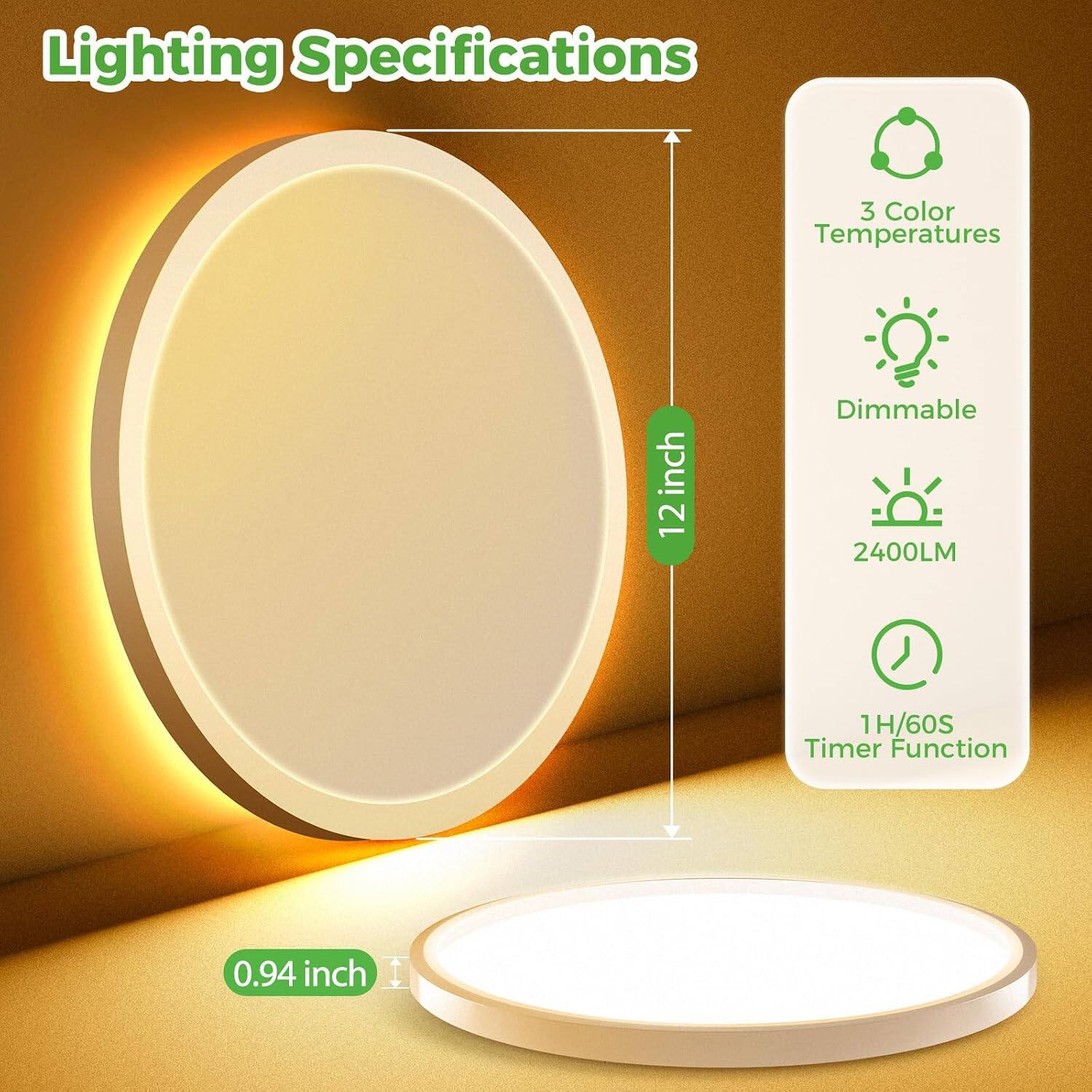 Veranti 12 Inch LED Ceiling Light with Remote, Amber Night Light, 3 CCT ...