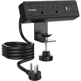 PARKER SLATER - Desk Clamp Power Strip with 2 Outlets, USB-C PD 20W Fast Charging, 6FT Flat Plug Cord, Fits 1.72" Desk Edge - Black