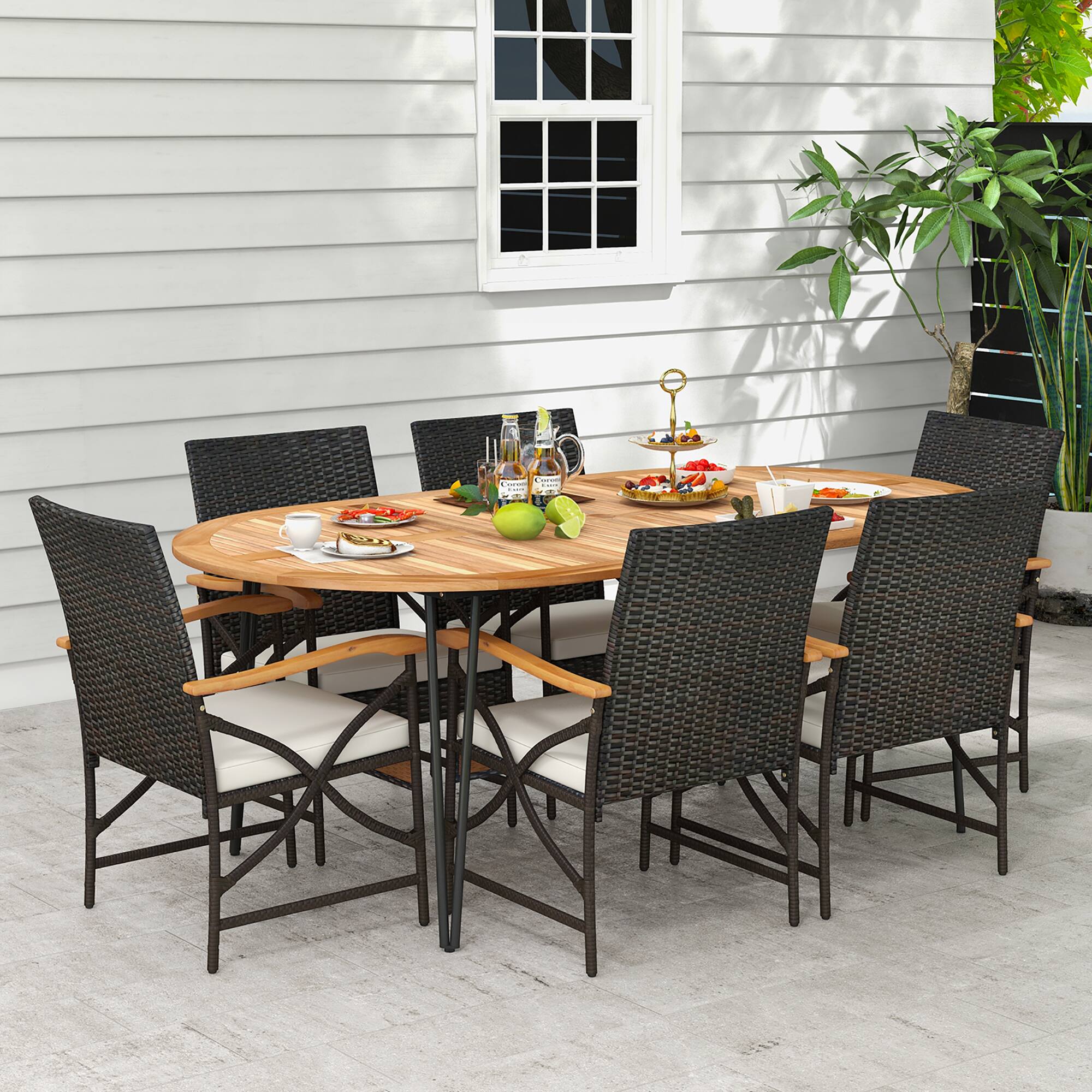 Alt View 3. Gymax - Gymax 9 PCS Rattan Dining Set Acacia Wood Table & 8 Patio Wicker Armchairs Patio - Mix Brown, Off White.