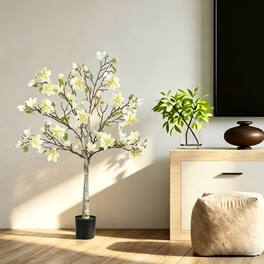 Oumilen - 47.2in Artificial Magnolia Tree, 1.2M Faux Flower Tree with Pot for Indoor Home Decor Living Room Entryway - White