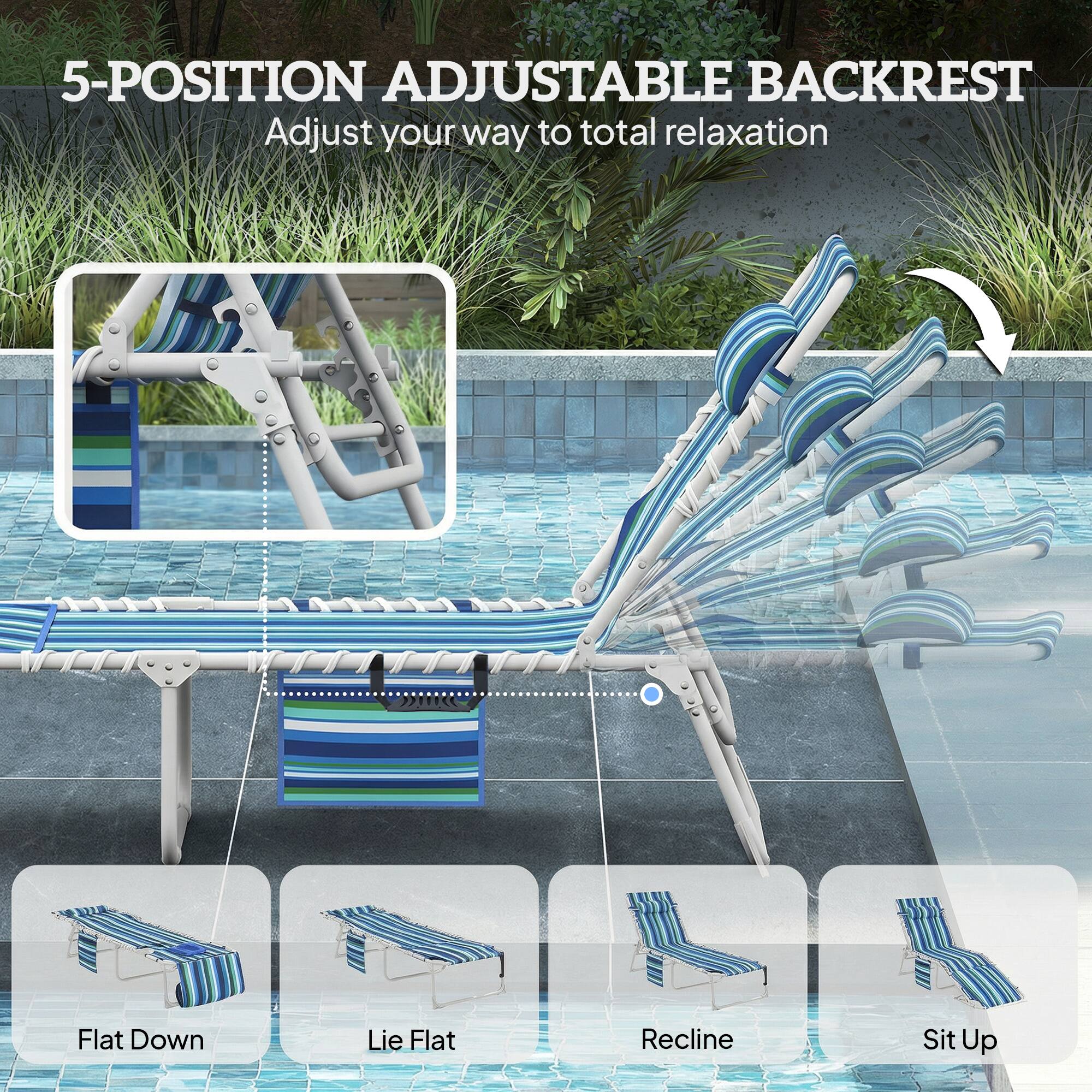 5-POSITION ADJUSTABLE BACKREST  
Adjust your way to total relaxation  

- Flat Down  
- Lie Flat  
- Recline  
- Sit Up