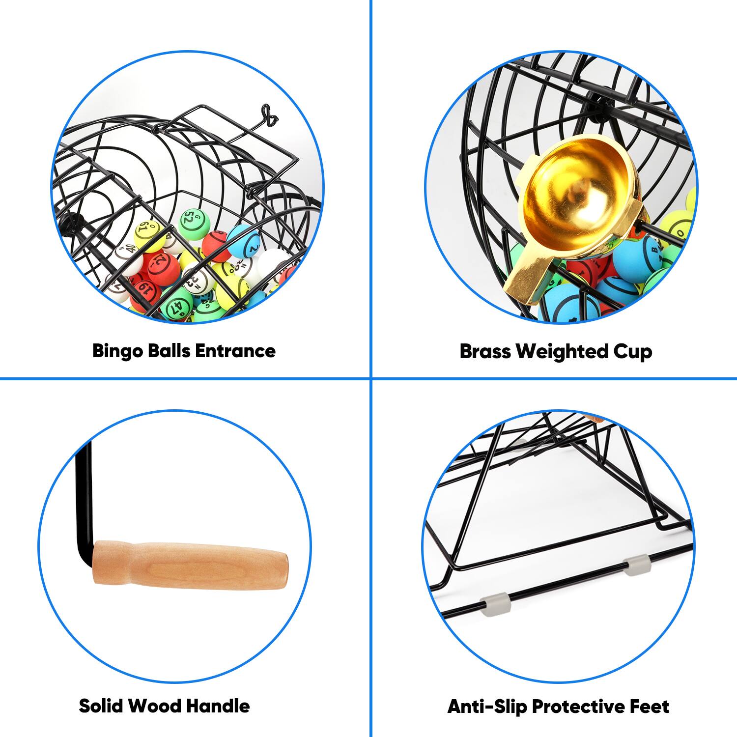 Bingo Balls Entrance, Brass Weighted Cup, Solid Wood Handle, Anti-Slip Protective Feet