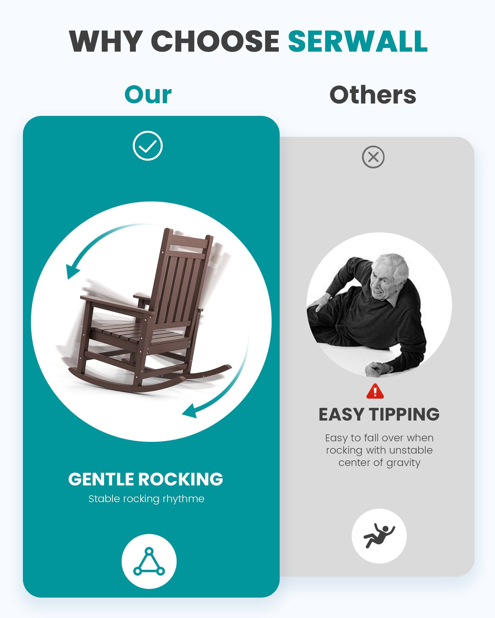 WHY CHOOSE SERWALL

Our
- GENTLE ROCKING
  - Stable rocking rhythm

Others
- EASY TIPPING
  - Easy to fall over when rocking with unstable center of gravity