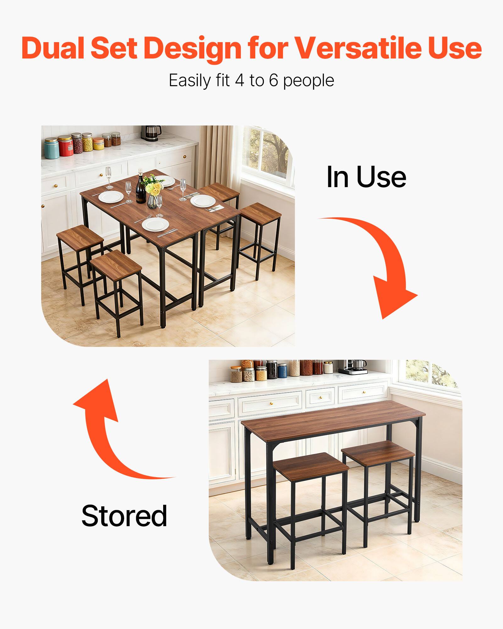 Dual Set Design for Versatile Use  
Easily fit 4 to 6 people  

In Use  

Stored