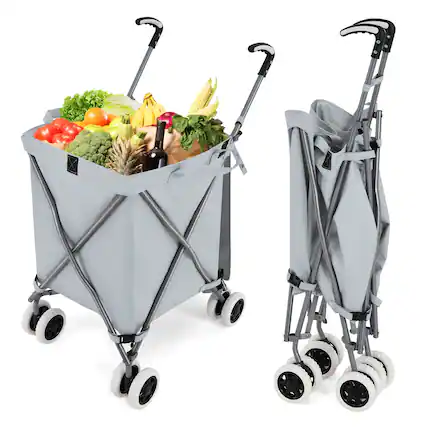 Front. Costway - Costway Folding Shopping Cart Utility with Water-Resistant Removable Canvas Bag Red - Gray.