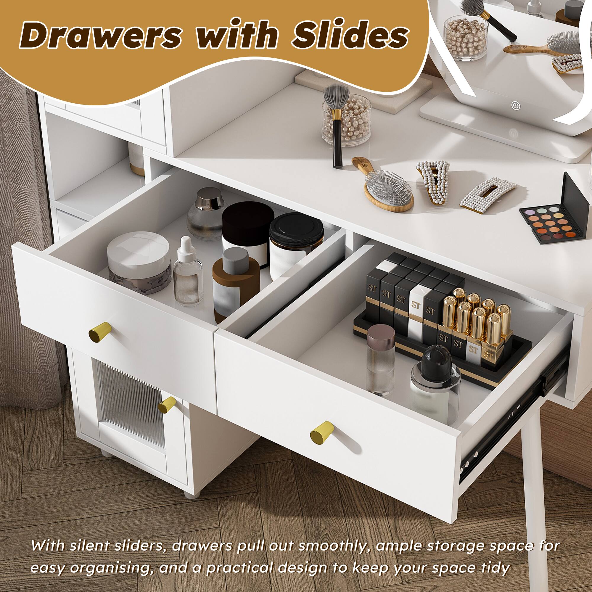 Drawers with Slides

With silent sliders, drawers pull out smoothly, ample storage space for easy organising, and a practical design to keep your space tidy