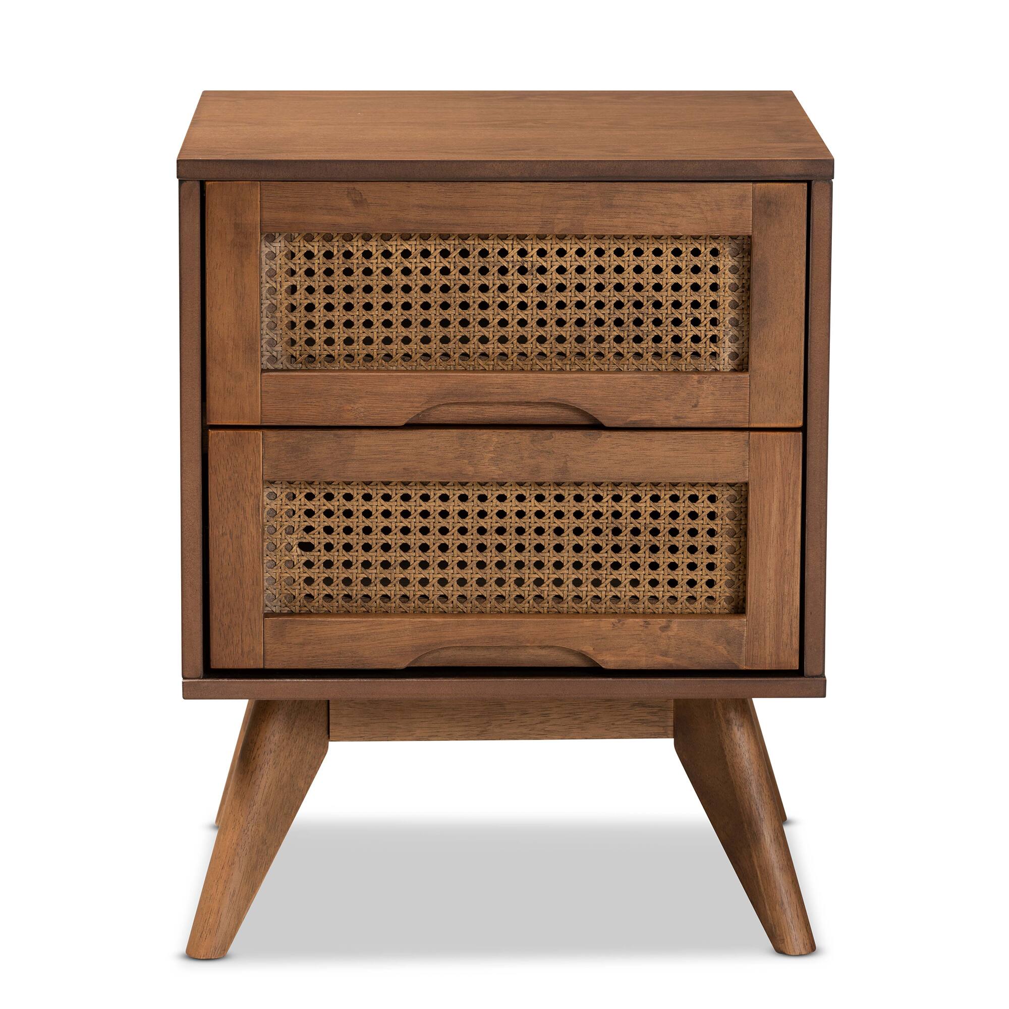 Left. Baxton Studio - Barrett Mid-Century Modern Finished Wood and Synthetic Rattan 2-Drawer Nightstand - Walnut Brown.