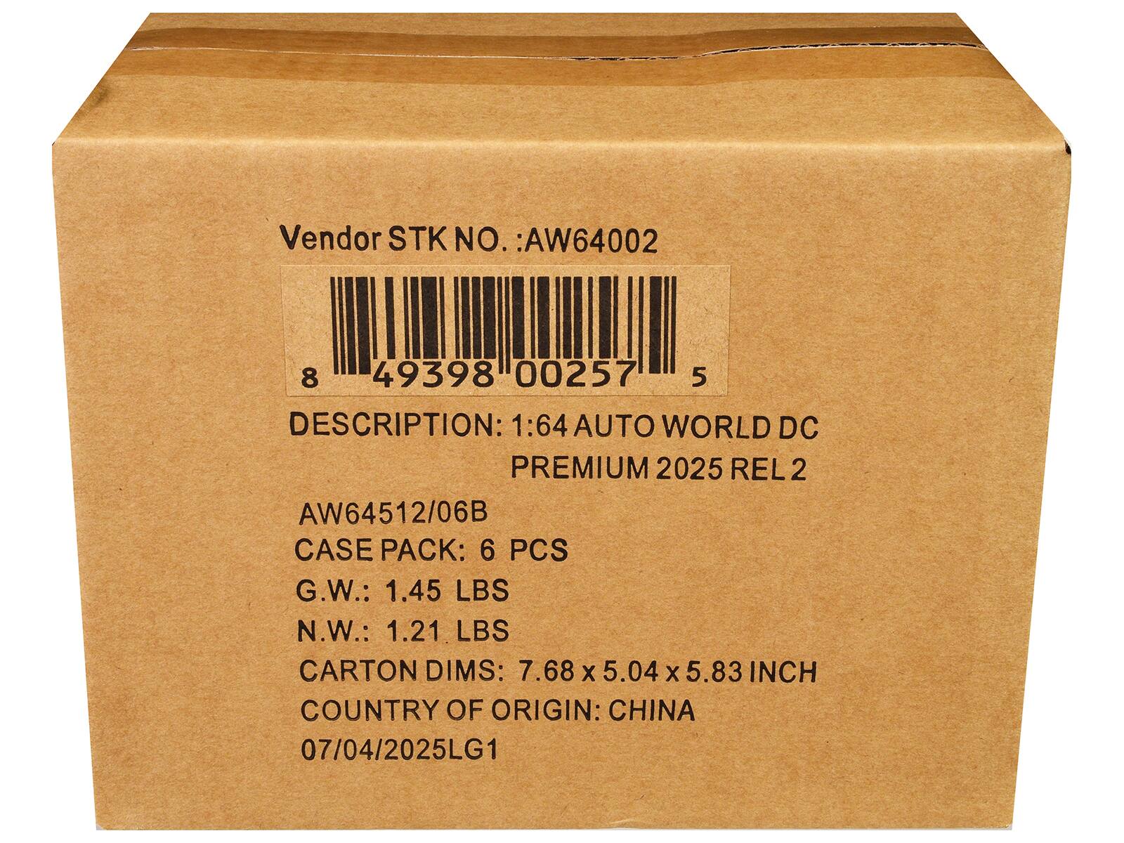 Vendor STK NO.: AW64002

DESCRIPTION: 1:64 AUTO WORLD DC PREMIUM 2025 REL 2 AW64512/06B

CASE PACK: 6 PCS

G.W.: 1.45 LBS

N.W.: 1.21 LBS

CARTON DIMS: 7.68 X 5.04 X 5.83 INCH

COUNTRY OF ORIGIN: CHINA

07/04/2025LG1