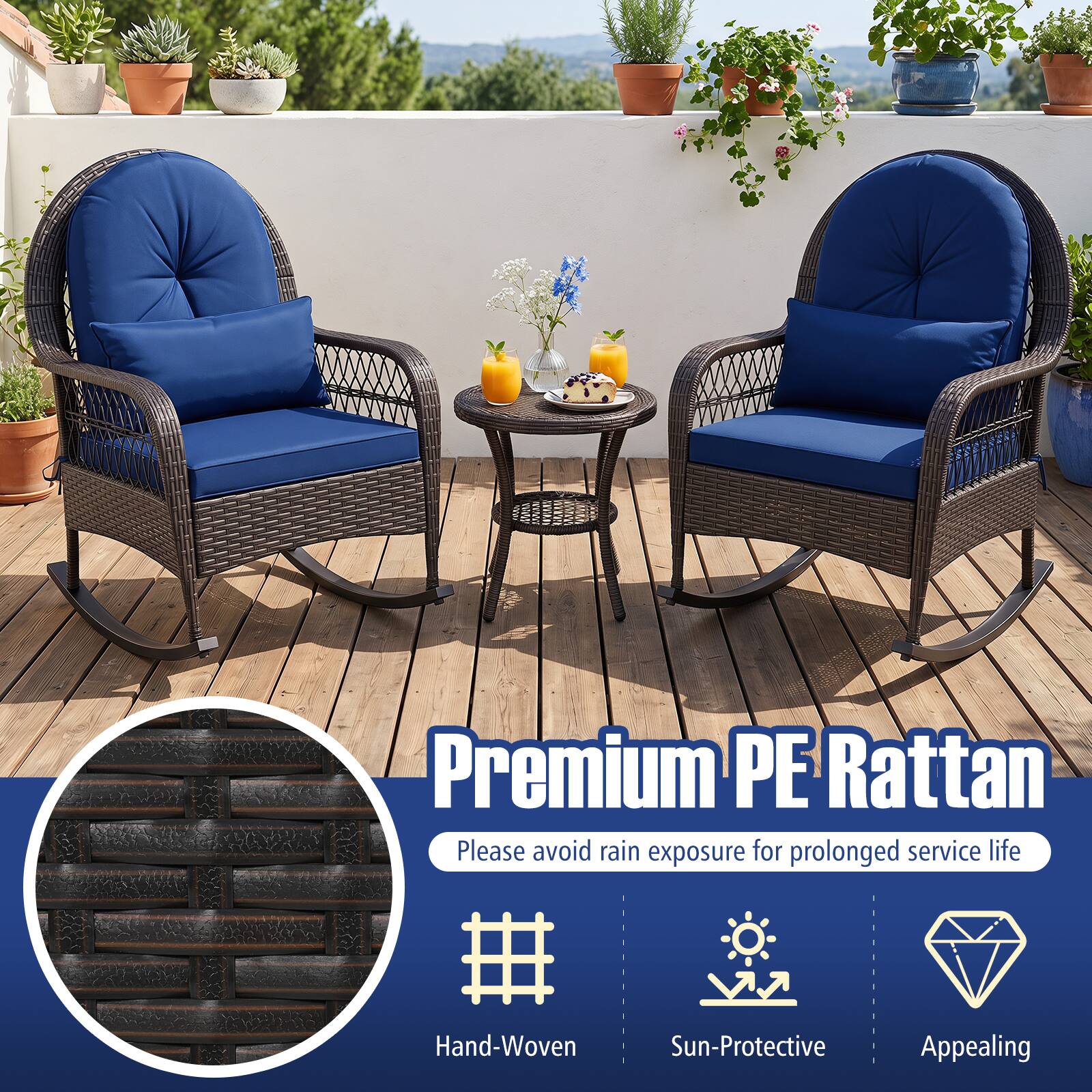 Premium PE Rattan  
Please avoid rain exposure for prolonged service life  

VM  
Hand-Woven  
Sun-Protective  
Appealing