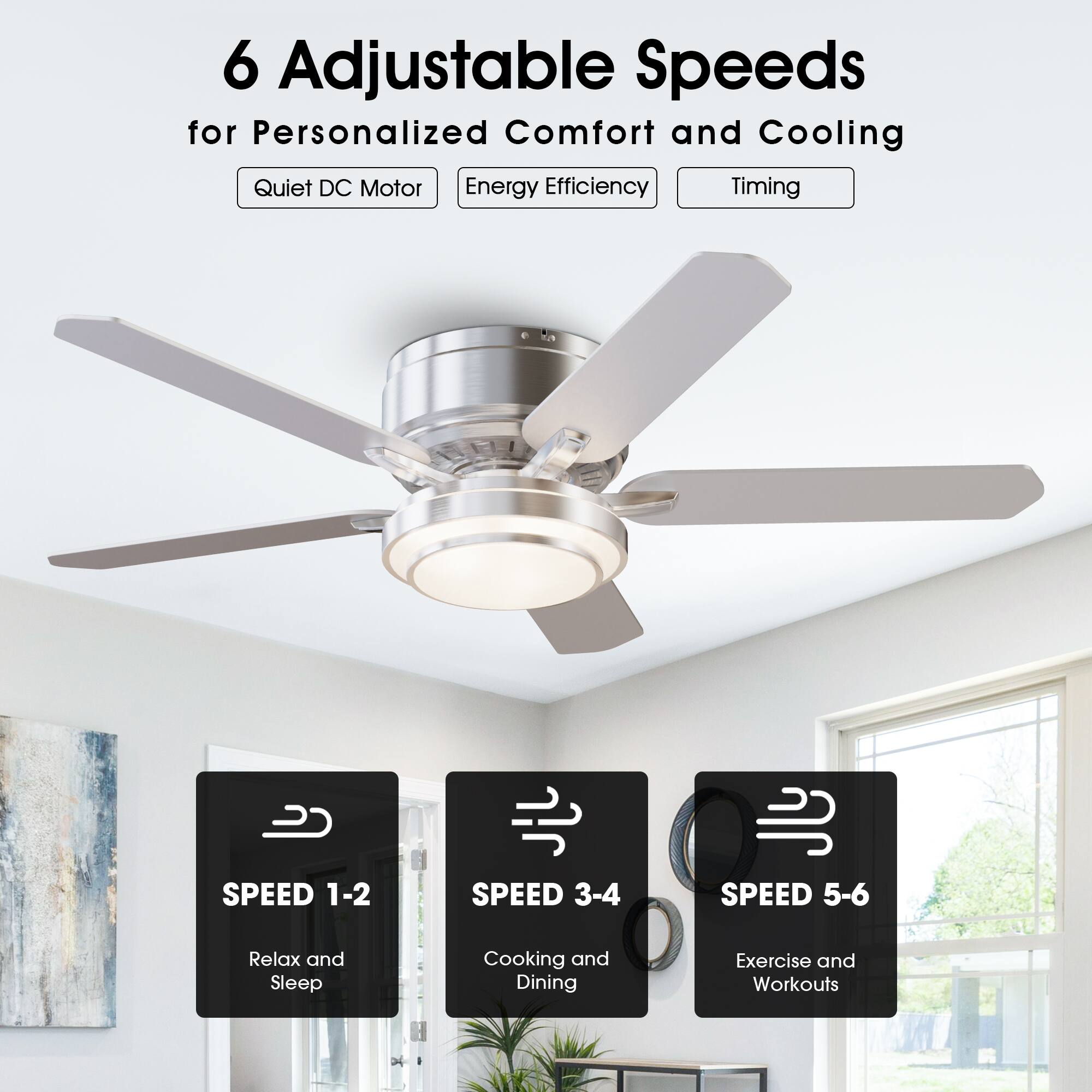 6 Adjustable Speeds for Personalized Comfort and Cooling

- Quiet DC Motor
- Energy Efficiency
- Timing

SPEED 1-2  
Relax and Sleep

SPEED 3-4  
Cooking and Dining

SPEED 5-6  
Exercise and Workouts