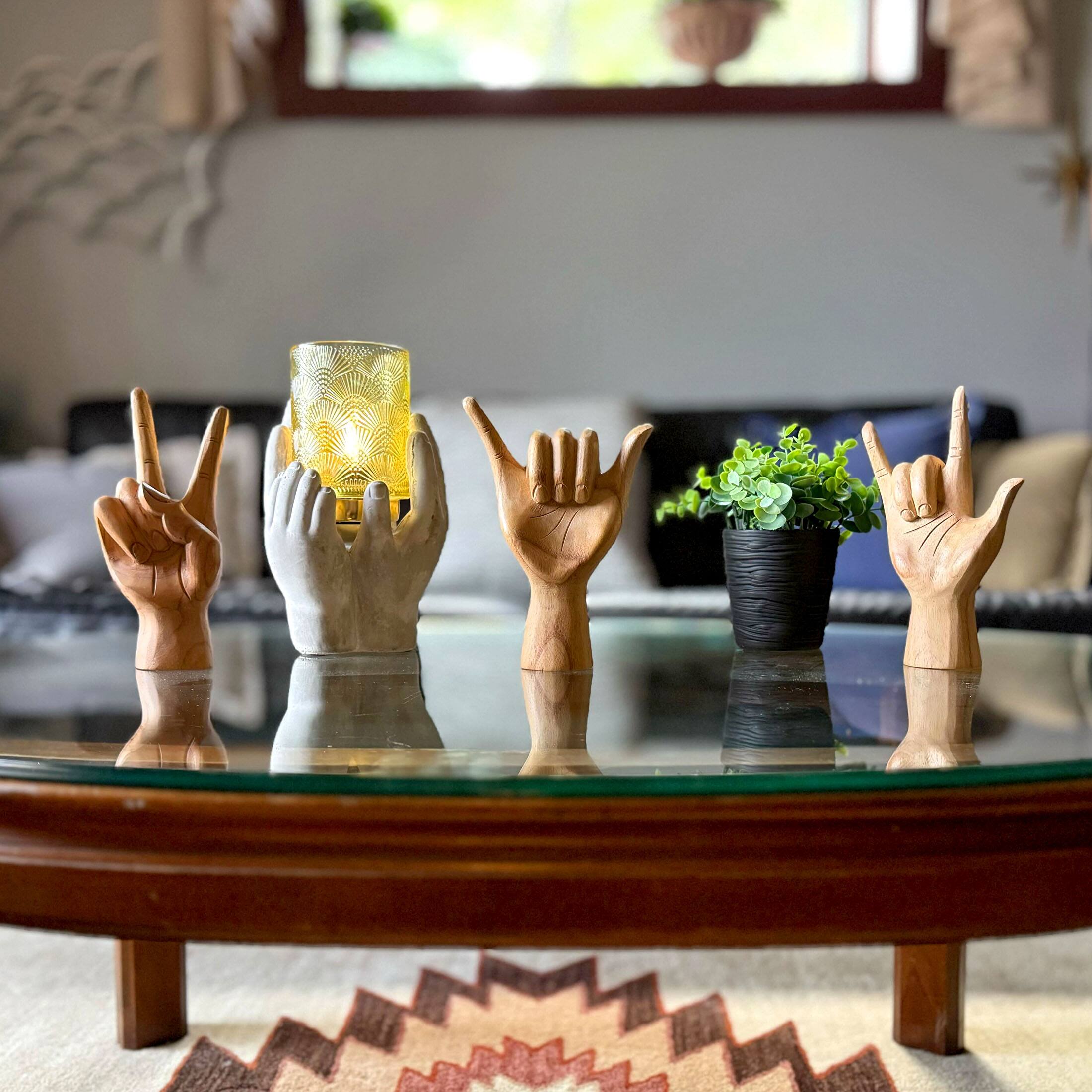 Alt View 4. Zeckos - Set of 3 Wooden Hand Sculptures – Peace, Love You, Hang Loose - Brown.