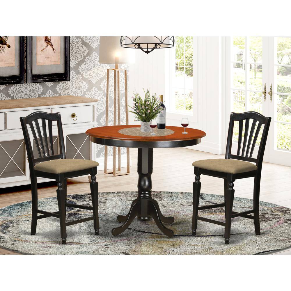 Left. East West Furniture - TRCH3-BLK-C 3 PC counter height pub set - high top Table and 2 counter height stool. - Black & Cherry.