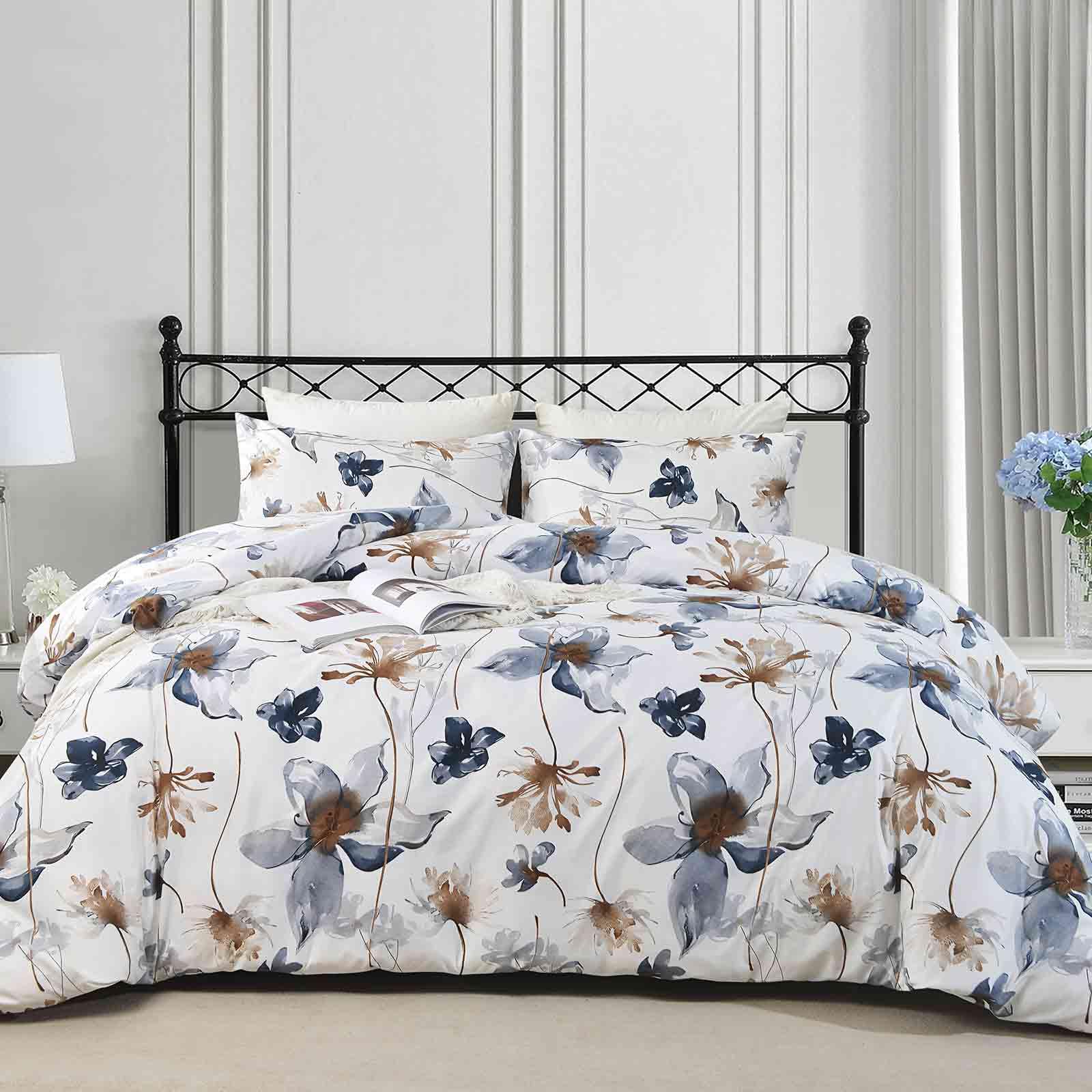 Earthley Blooms - Bedding Duvet Cover Set Queen 3 Pieces 800thread Floral Microfiber Down Comforter Quilt Zipper Tie For - Blue Beige Floral-Queen