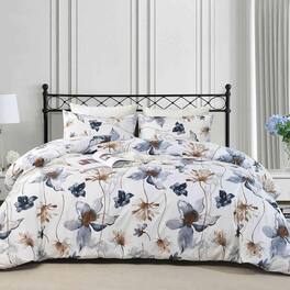 Earthley Blooms - Bedding Duvet Cover Set Queen 3 Pieces 800thread Floral Microfiber Down Comforter Quilt Zipper Tie For - Blue Beige Floral-Queen