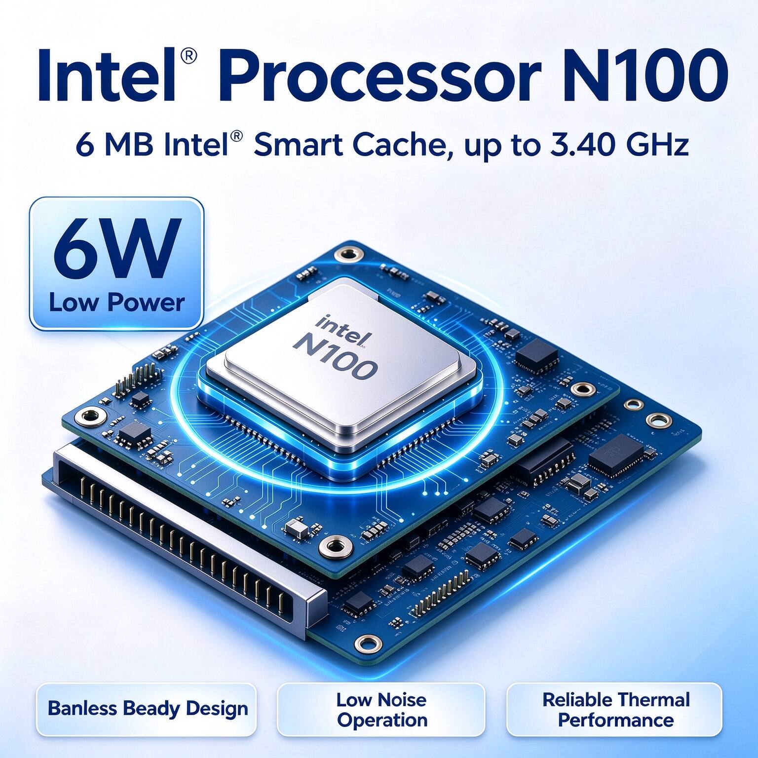 Intel Processor N100  
6 MB Intel® Smart Cache, up to 3.40 GHz  
6W Low Power  
Banless Beady Design  
Low Noise Operation  
Reliable Thermal Performance