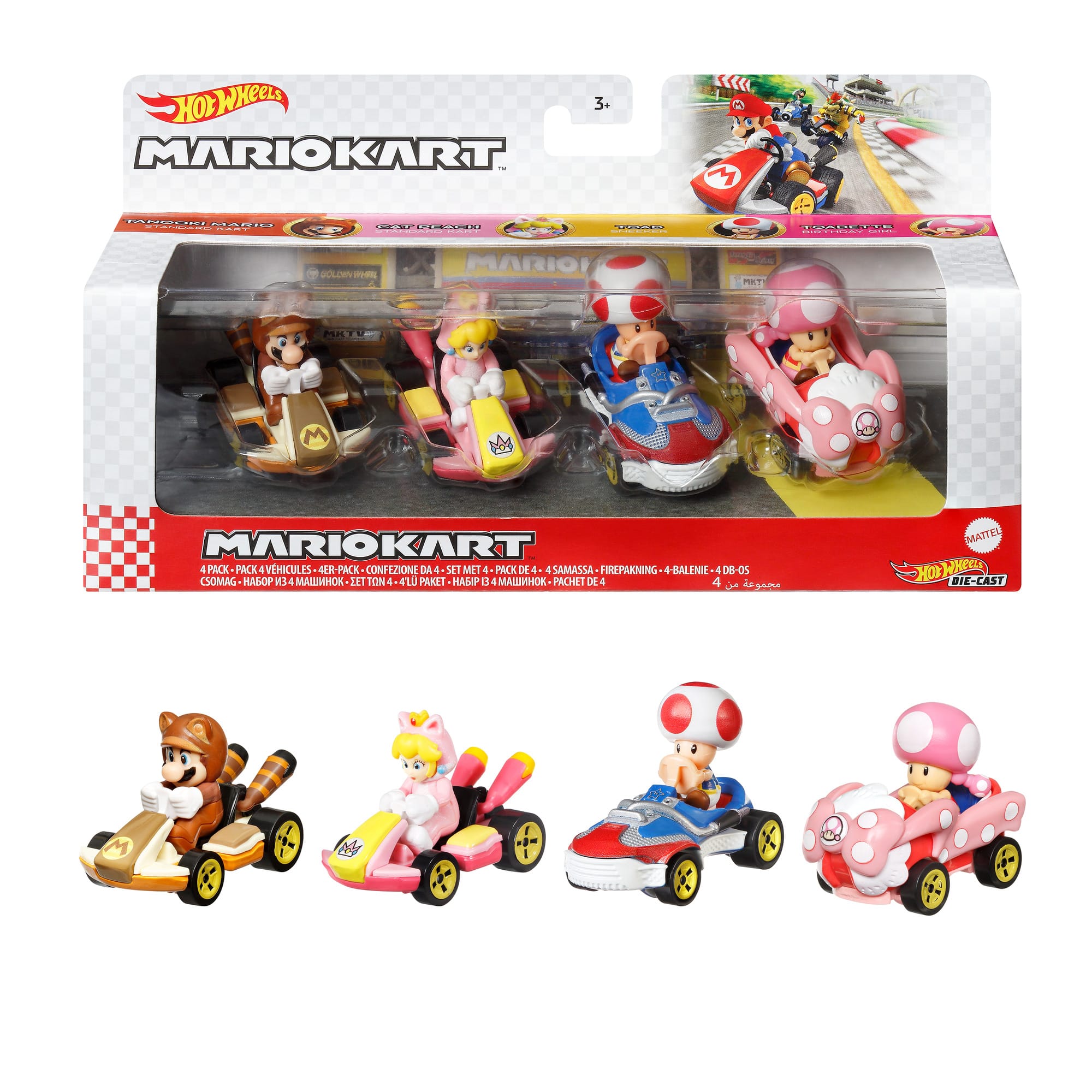 The image features a pack of four toy cars from the Mario Kart series, each with a unique design. The cars are displayed in a box, showcasing their various colors and styles. The pack is designed for collectors and fans of the Mario Kart franchise, offering a fun and engaging way to enjoy the characters and vehicles from the popular video game series.