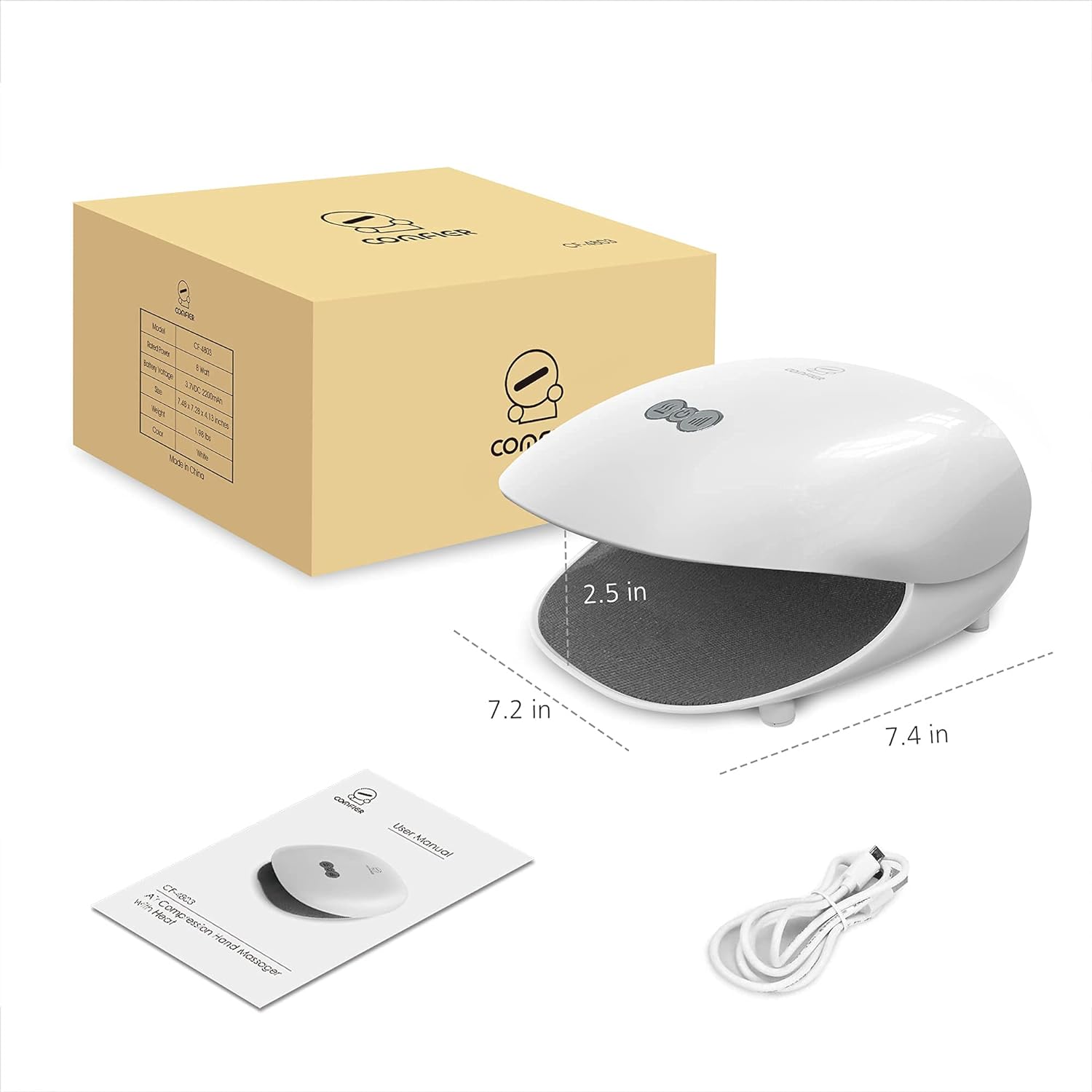 Sure, here is the corrected and grouped text from the image:
**Box:**
- Model: C1-400
- Brand: Comfier
- Weight: 1.2 kg
- Dimensions: 12.6 x 12.6 x 10.5 cm
- Material: ABS Plastic
- Color: White
- Made in China
**Product:**
- 2.5 in
- 7.2 in
- 7.4 in
**User Manual:**
- Comfier
- User Manual
- C1-400
- Air Compression Tension Relaxation
- Neck Massager
**Additional Text:**
- Comfier
- Neck Compression Tension Relaxation
- Neck Massager