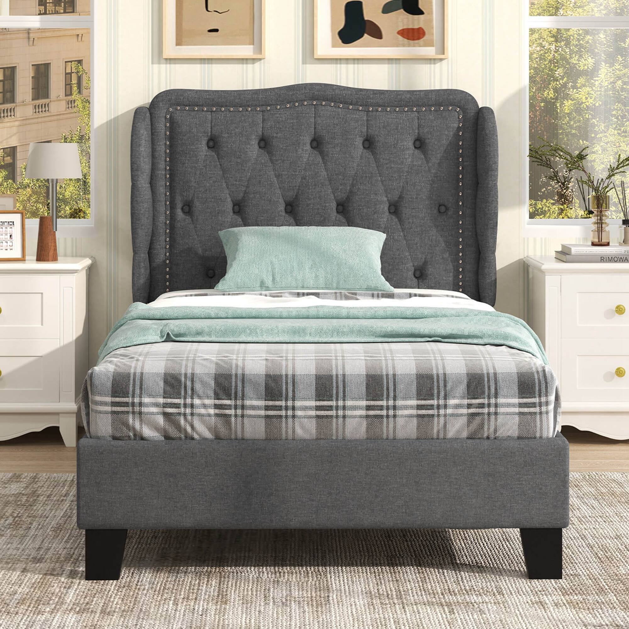 Alt View 4. Costway - Twin Size Bed Frame with Button Tufted Wingback Headboard Wooden Slats Support - Gray.