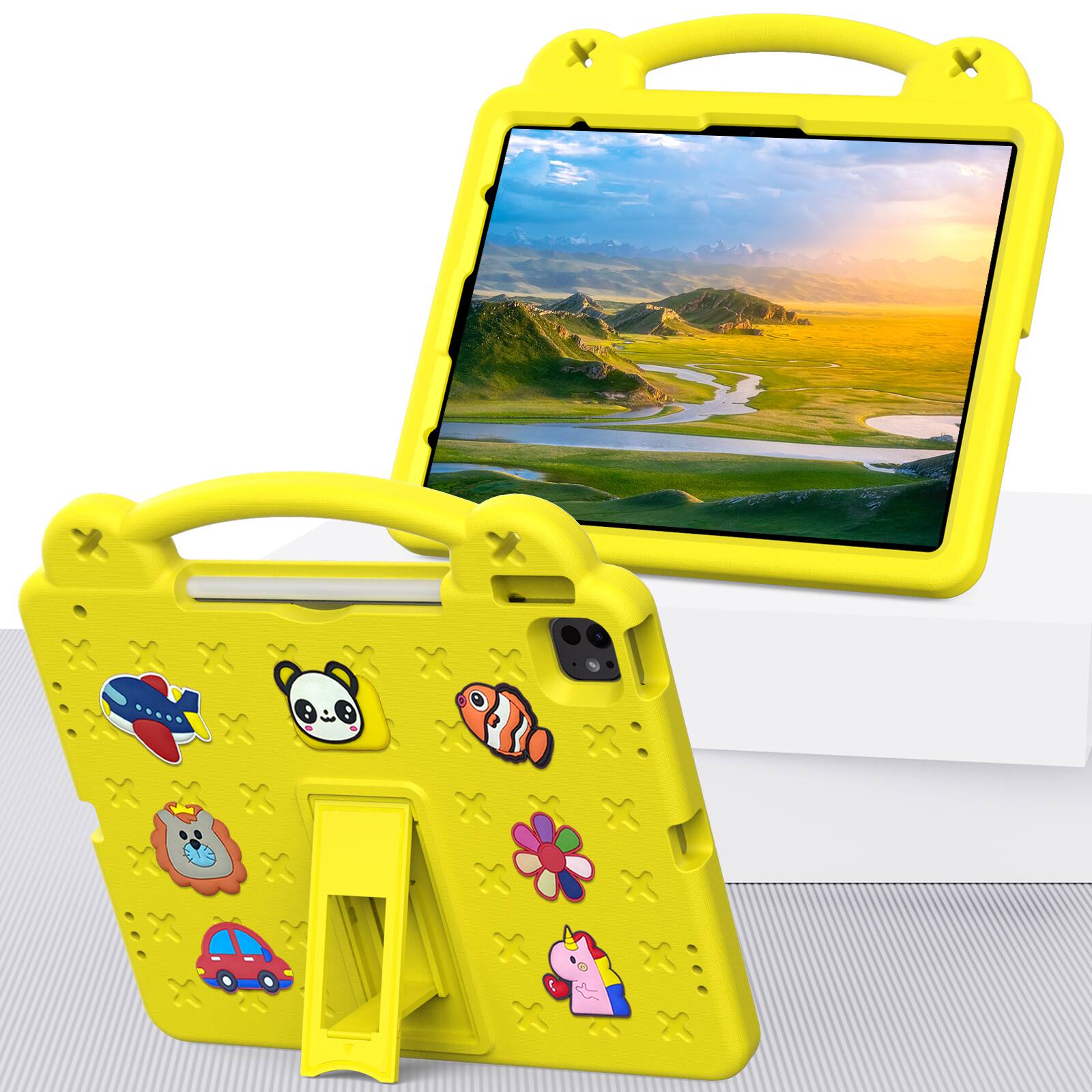 Left. UUCOVER - Kids Case for iPad Air 13-inch M4 M3 M2 (2026/2025/2024),Shockproof EVA Case Handle Adjustable Stand Cover - Yellow.