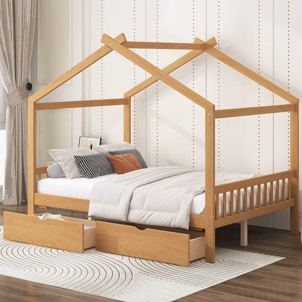 Front. Loheer - Loheer Full Size House Bed with Drawers, Natural Pine Wood Platform Frame - Natural.