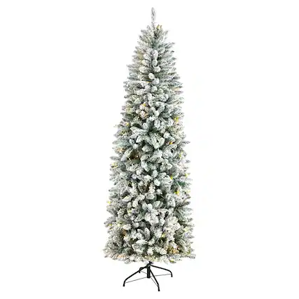 Front. BreeBe - 7’ Flocked Slim Montreal Xmas Tree with 995 Tips and 300 LED - White, Green.