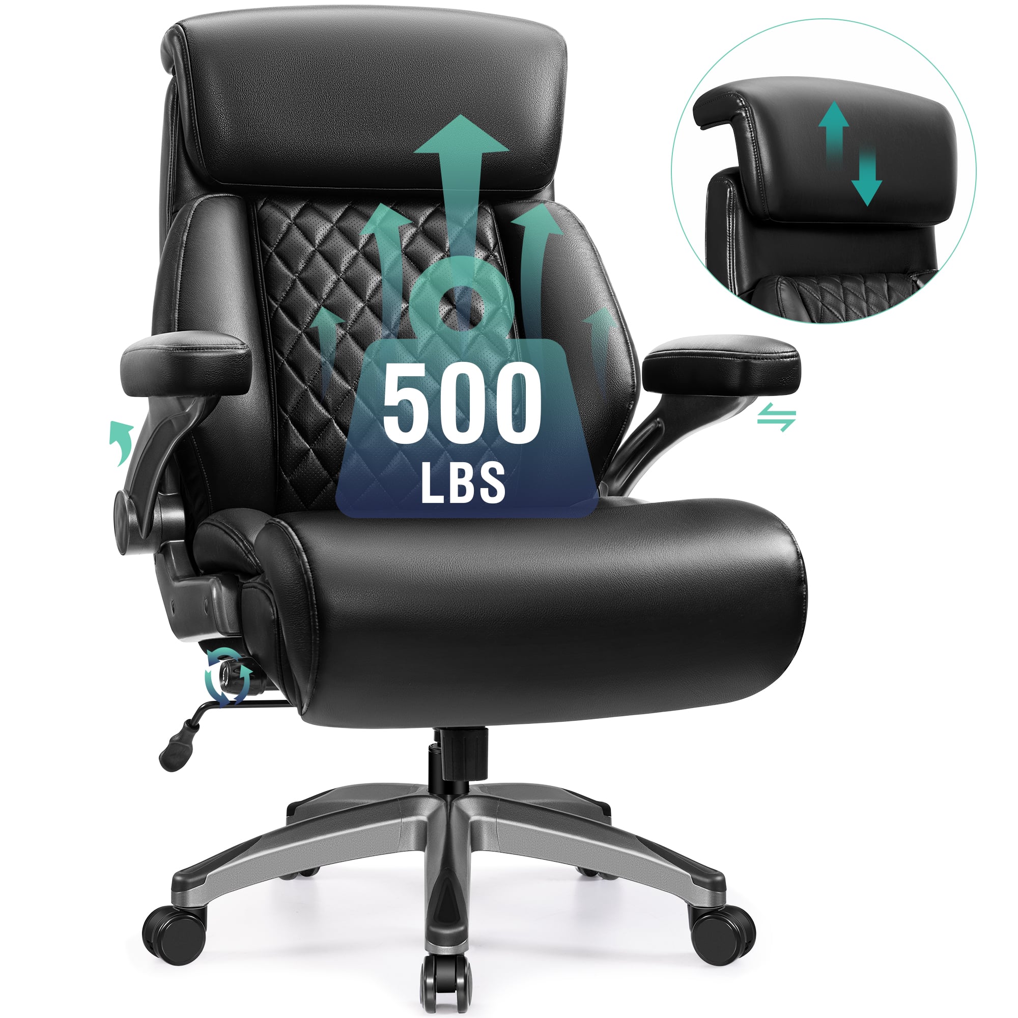 KERDOM - Heavy Duty Executive Office Chair, Tilt Big Computer Gaming Chair for Large People, Adjustable Headrest & Lumbar Support - Black