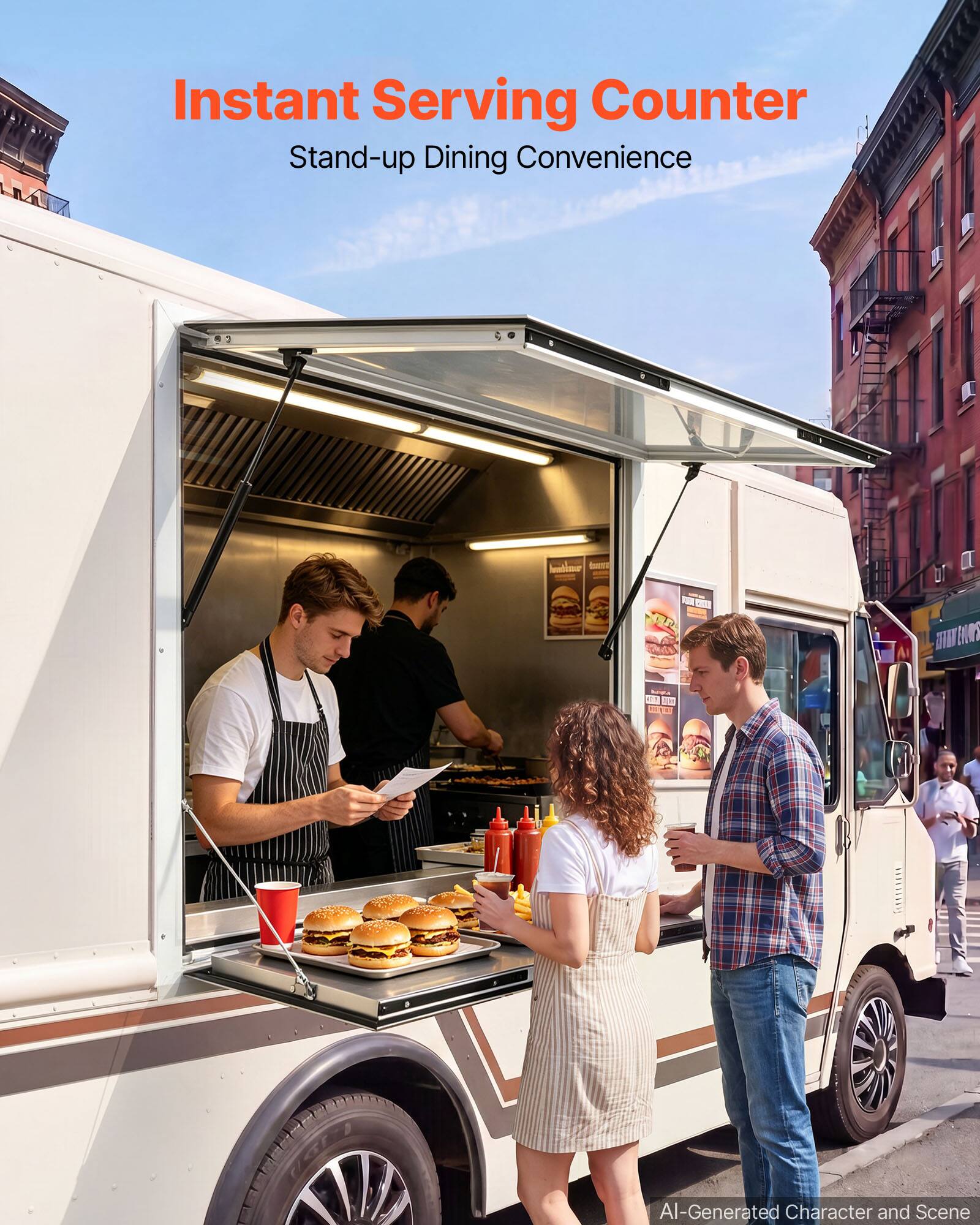 Instant Serving Counter  
Stand-up Dining Convenience  

AI-Generated Character and Scene