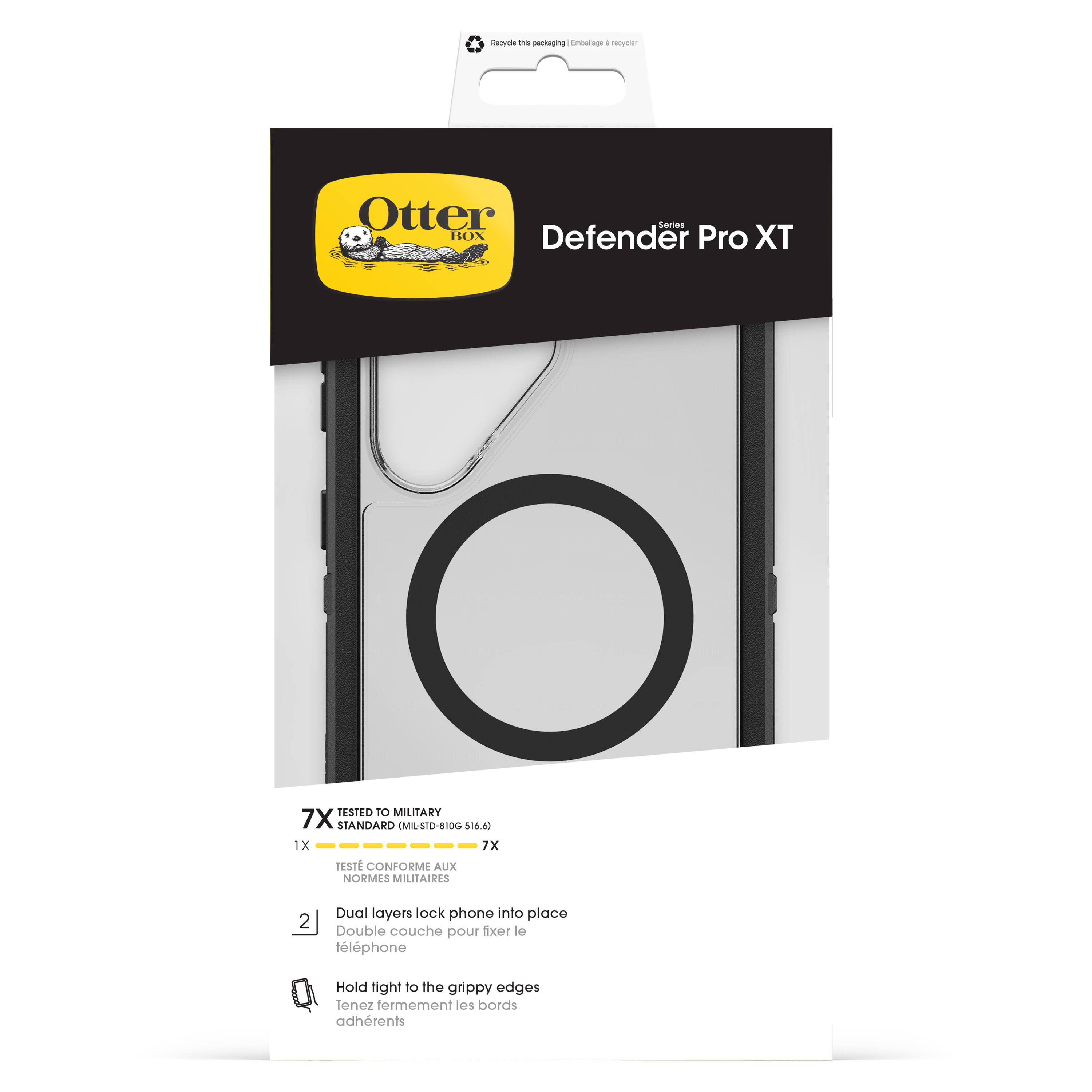 - Otter Box Defender Pro XT
- 7X TESTED TO MILITARY STANDARD (MIL-STD-810G 516.4 516.6)
- TESTÉ CONFORME AUX NORMES MILITAIRES
- Dual layers lock phone into place
- Double couche pour fixer le téléphone
- Hold tight to the grippy edges
- Tenez fermement les bords adhérents