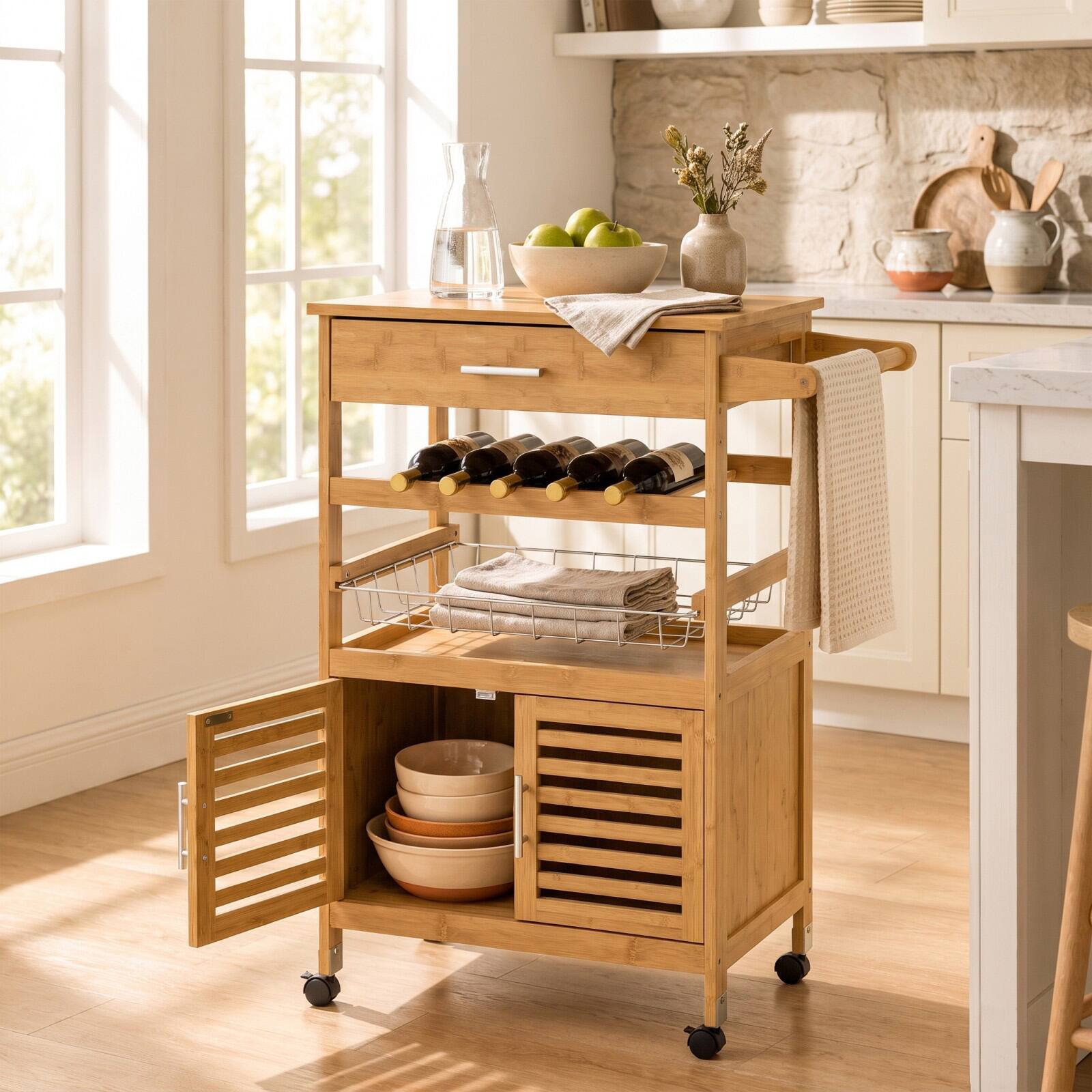 Alt View 4. Costway - Costway Bamboo Rolling Kitchen Island Trolley with Storage Cabinet, Wine Rack, Towel Rack - Natural.