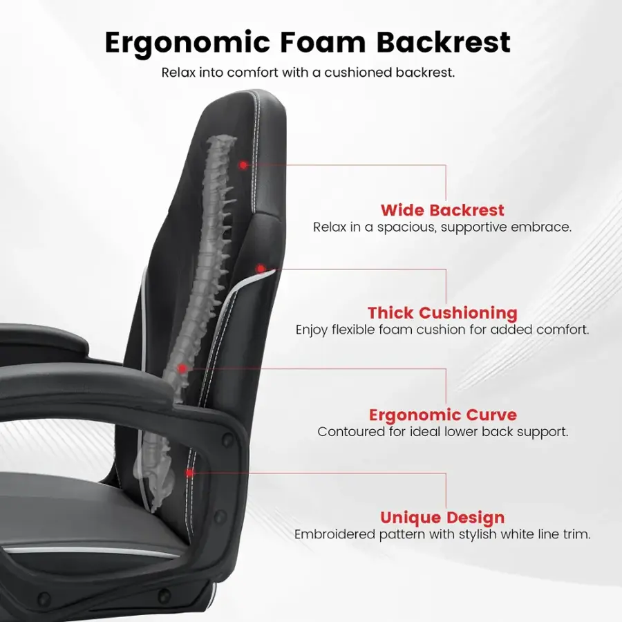 Ergonomic Foam Backrest: Relax into comfort with a cushioned backrest.
Wide Backrest: Relax in a spacious, supportive embrace.
Thick Cushioning: Enjoy flexible foam cushion for added comfort.
Ergonomic Curve: Contoured for ideal lower back support.
Unique Design: Embroidered pattern with stylish white line trim.