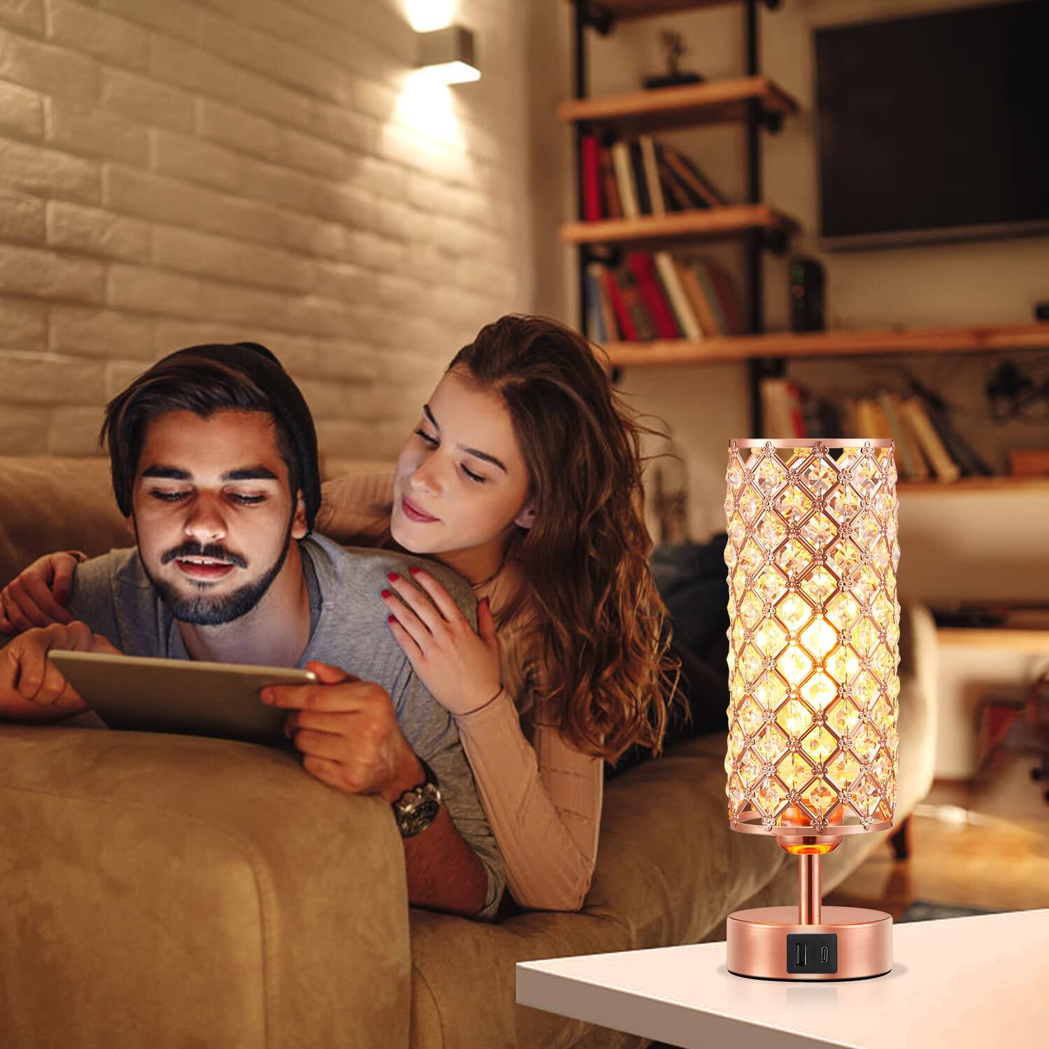 Alt View 1. Reds Spade - Hong Crystal Table Lamp Way Dimmable Touch Control Rose Gold Bedside Lamp USB Ports Nightstand Light - Pink USB-C+A Ports.