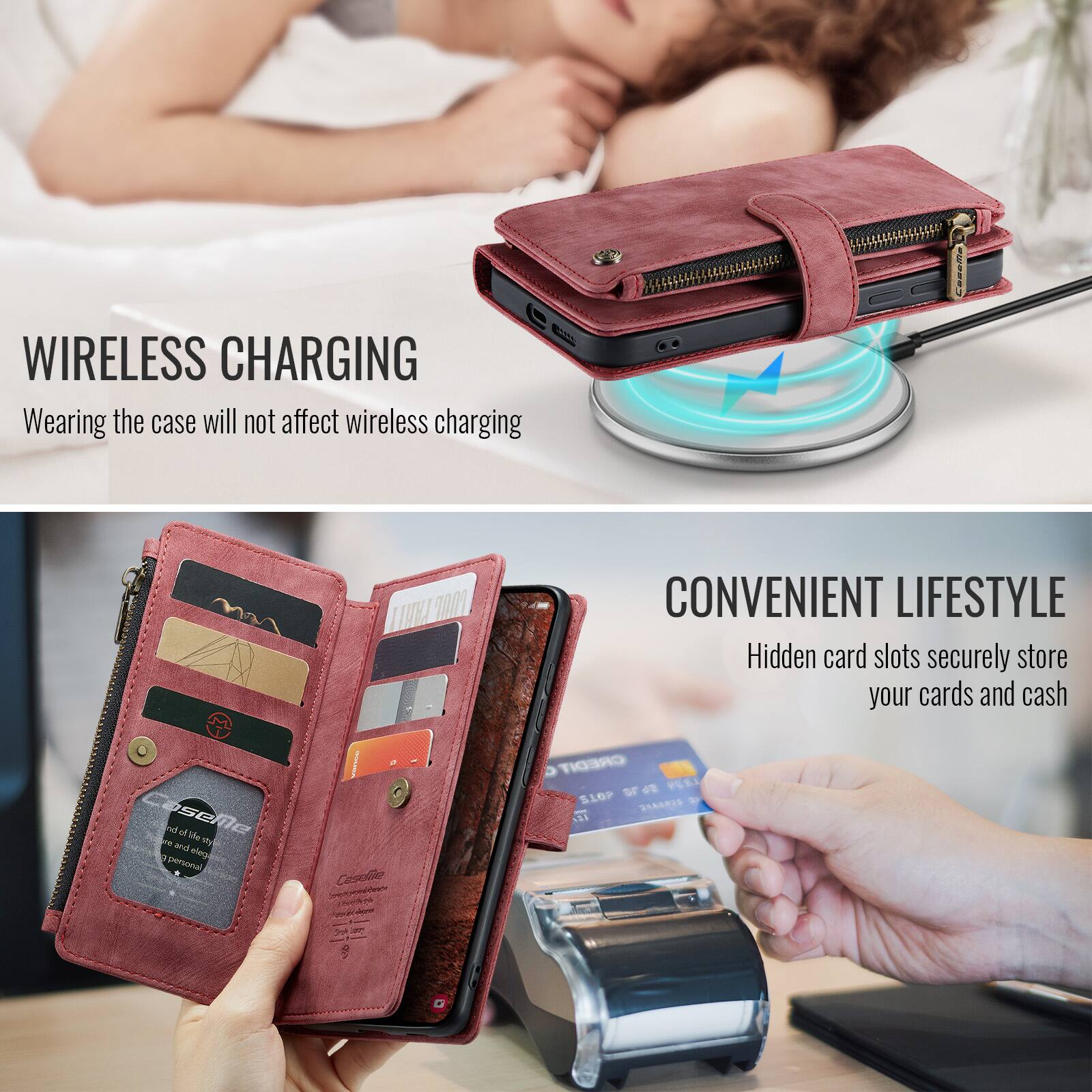 WIRELESS CHARGING  
Wearing the case will not affect wireless charging

CONVENIENT LIFESTYLE  
Hidden card slots securely store your cards and cash

Caselle  
CREDIT STOP 5678 35  
0