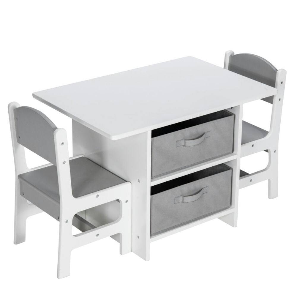 Back. Pefilos - Wooden Kids Table and Chairs with Storage Baskets Puzzle, Toddler Table and Chair Set for Arts & Crafts, Snack Time, Hom - Gray.