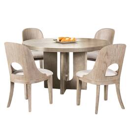 Manhattan Lane - Zoko 5pc Round Dining Table Set, Polyester Chairs, White, Solid Wood - White Wash Oak, White