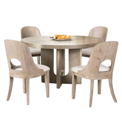 Front. Manhattan Lane - Zoko 5pc Round Dining Table Set, Polyester Chairs, White, Solid Wood - White Wash Oak, White.