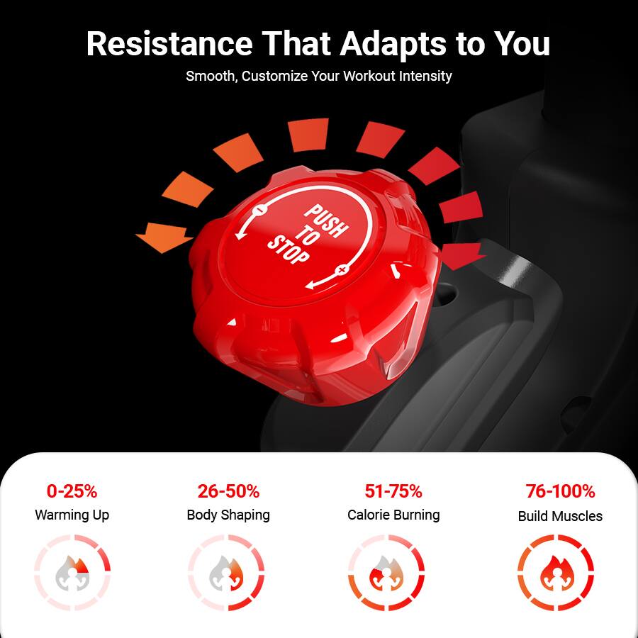 Resistance That Adapts to You  
Smooth, Customize Your Workout Intensity  

0-25% Warming Up  
26-50% Body Shaping  
51-75% Calorie Burning  
76-100% Build Muscles