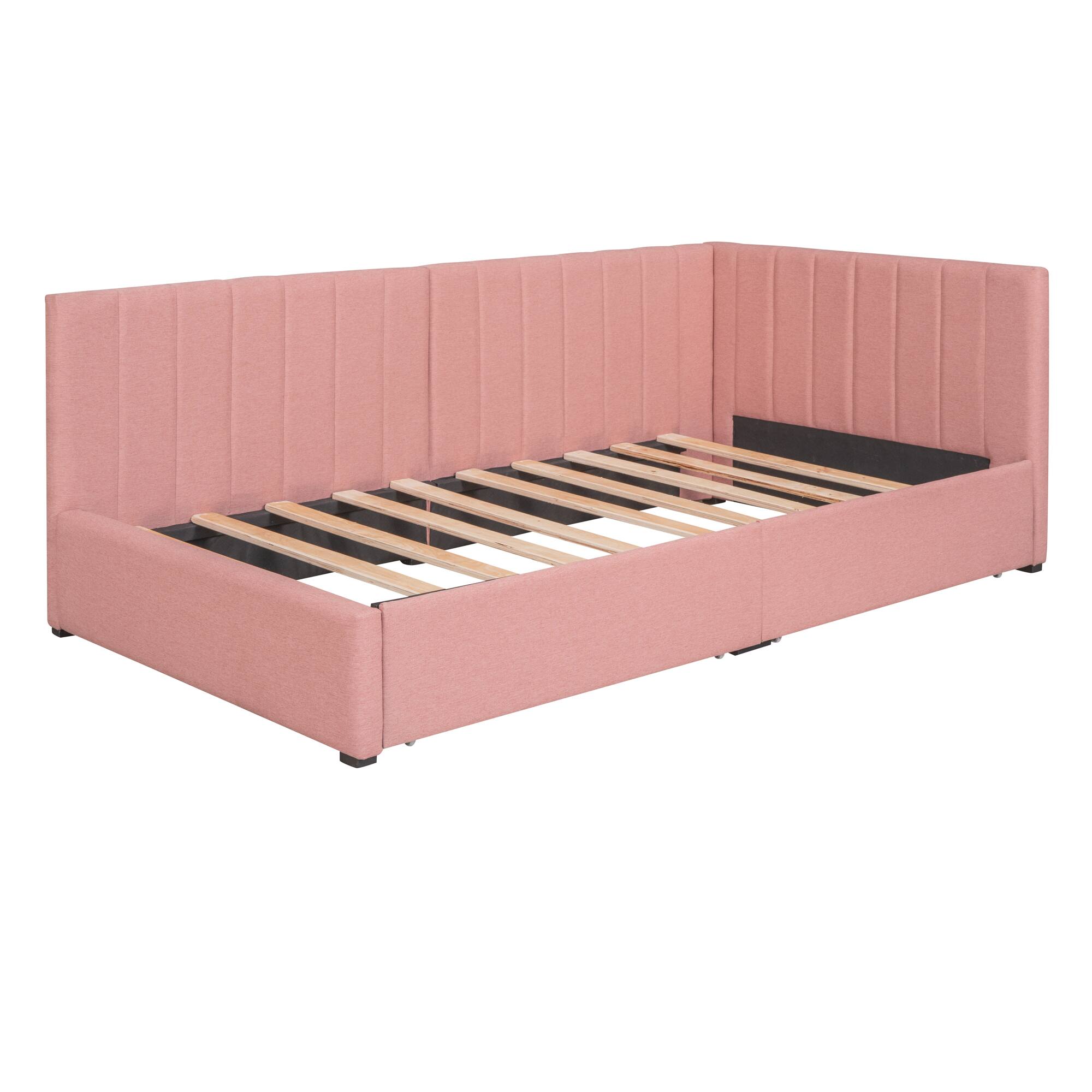Back. Tiramisubest - Upholstered Daybed with 2 Storage Drawers Twin Size Sofa Bed Frame No Box Spring Needed, Linen Fabric (Pink) - Pink.