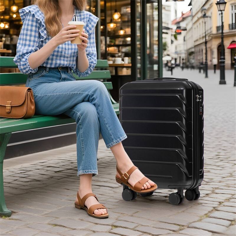 Alt View 6. HTUTWOO - 14"/20" Set of 2 ABS Spinner Wheel Luggage with Combination Lock - 360° Rotating Handle, Anti-Fall Protective Cover - Black.