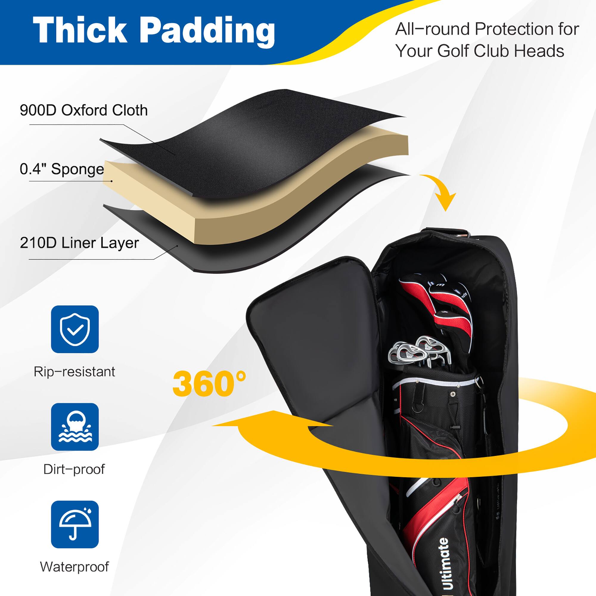 Thick Padding  
All-round Protection for Your Golf Club Heads  

900D Oxford Cloth  
0.4" Sponge  
210D Liner Layer  

Rip-resistant  
Dirt-proof  
Waterproof  

360°