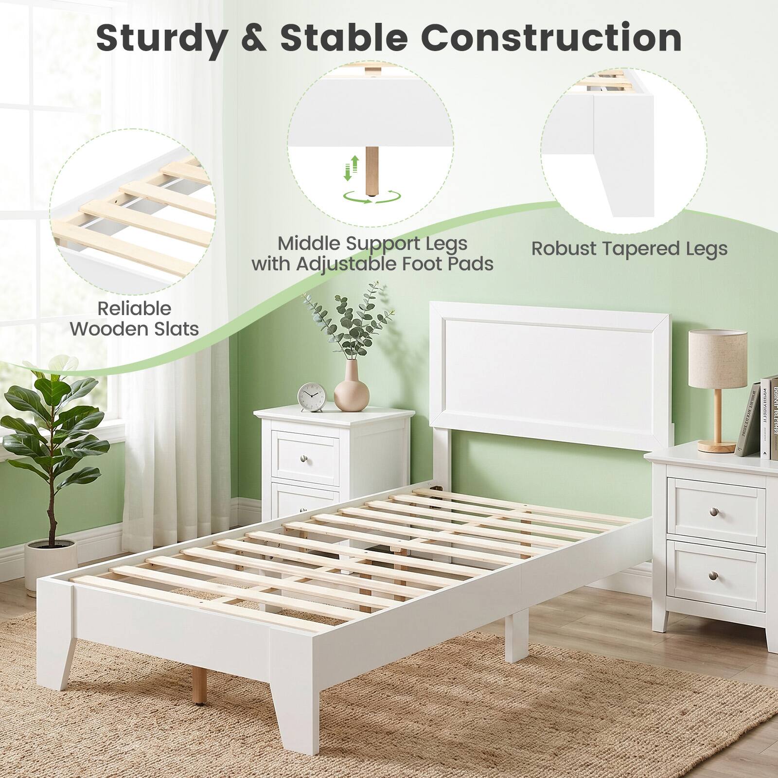 Sturdy & Stable Construction  
Middle Support Legs with Adjustable Foot Pads  
Robust Tapered Legs  
Reliable Wooden Slats