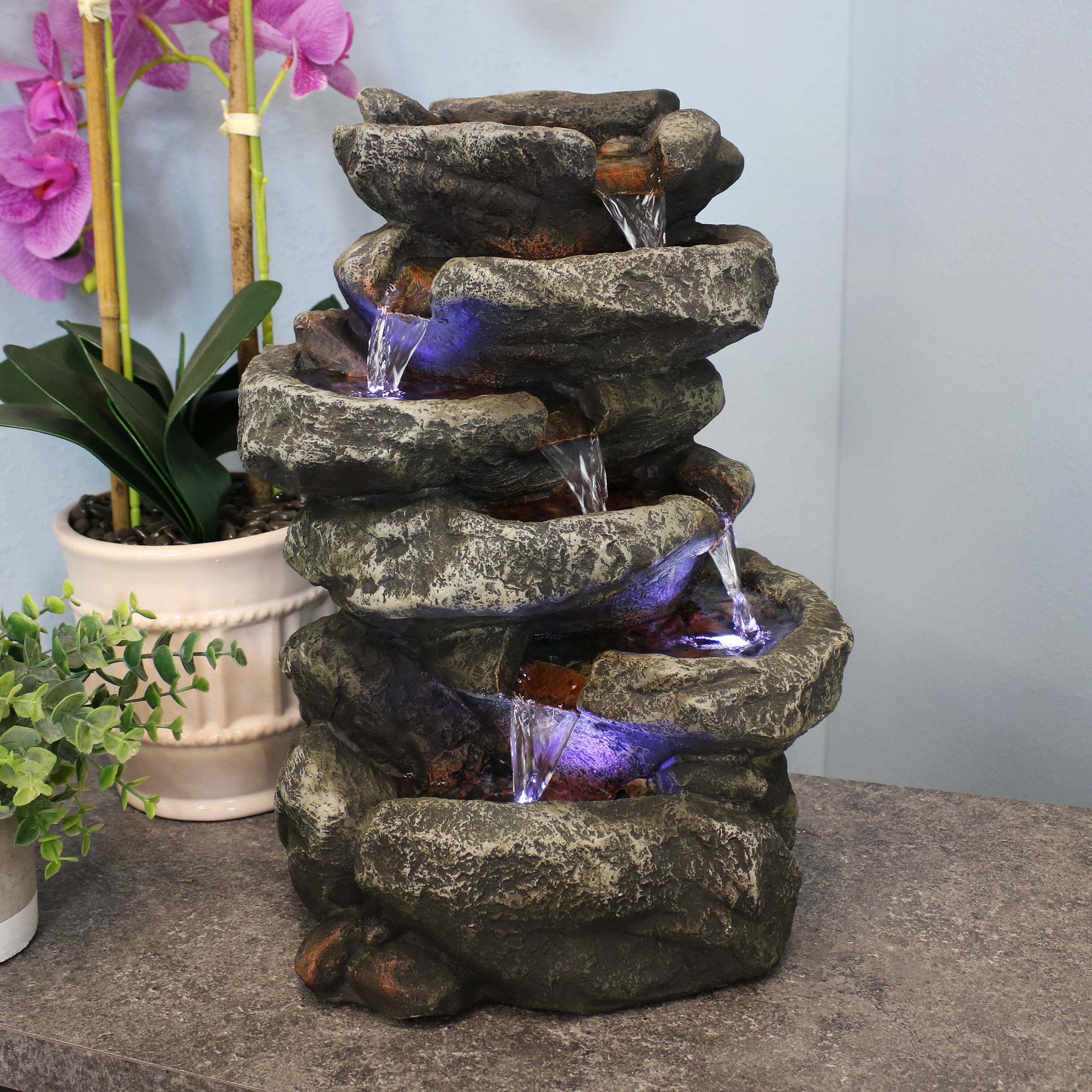 Alt View 6. Sunnydaze - Stone Falls Polyresin 6-Tier Indoor Fountain with LED - 15 in - Grey.