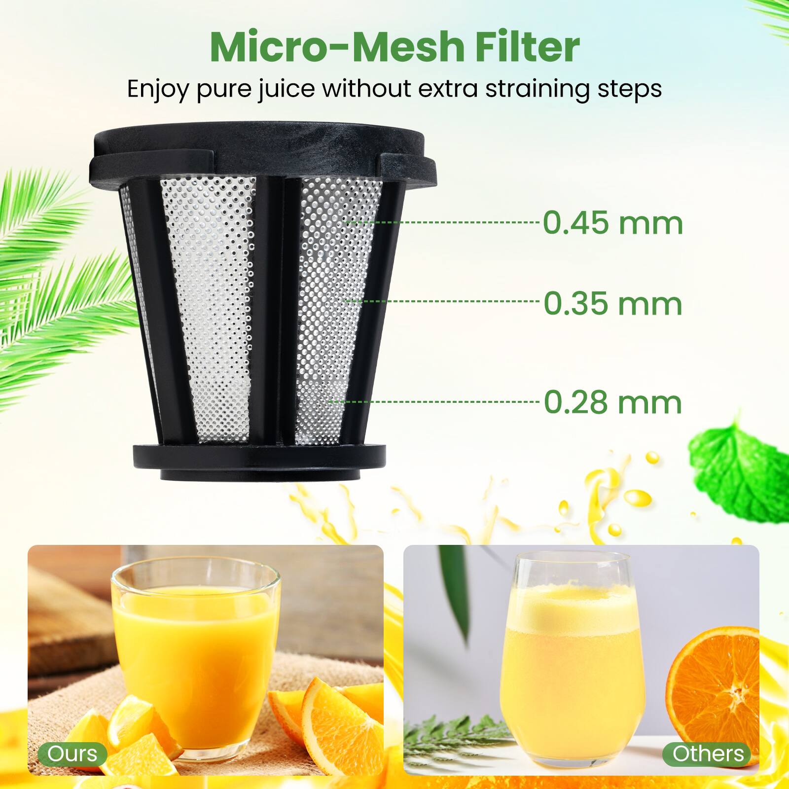 Micro-Mesh Filter  
Enjoy pure juice without extra straining steps  
0.45 mm  
0.35 mm  
0.28 mm  
Ours  
Others