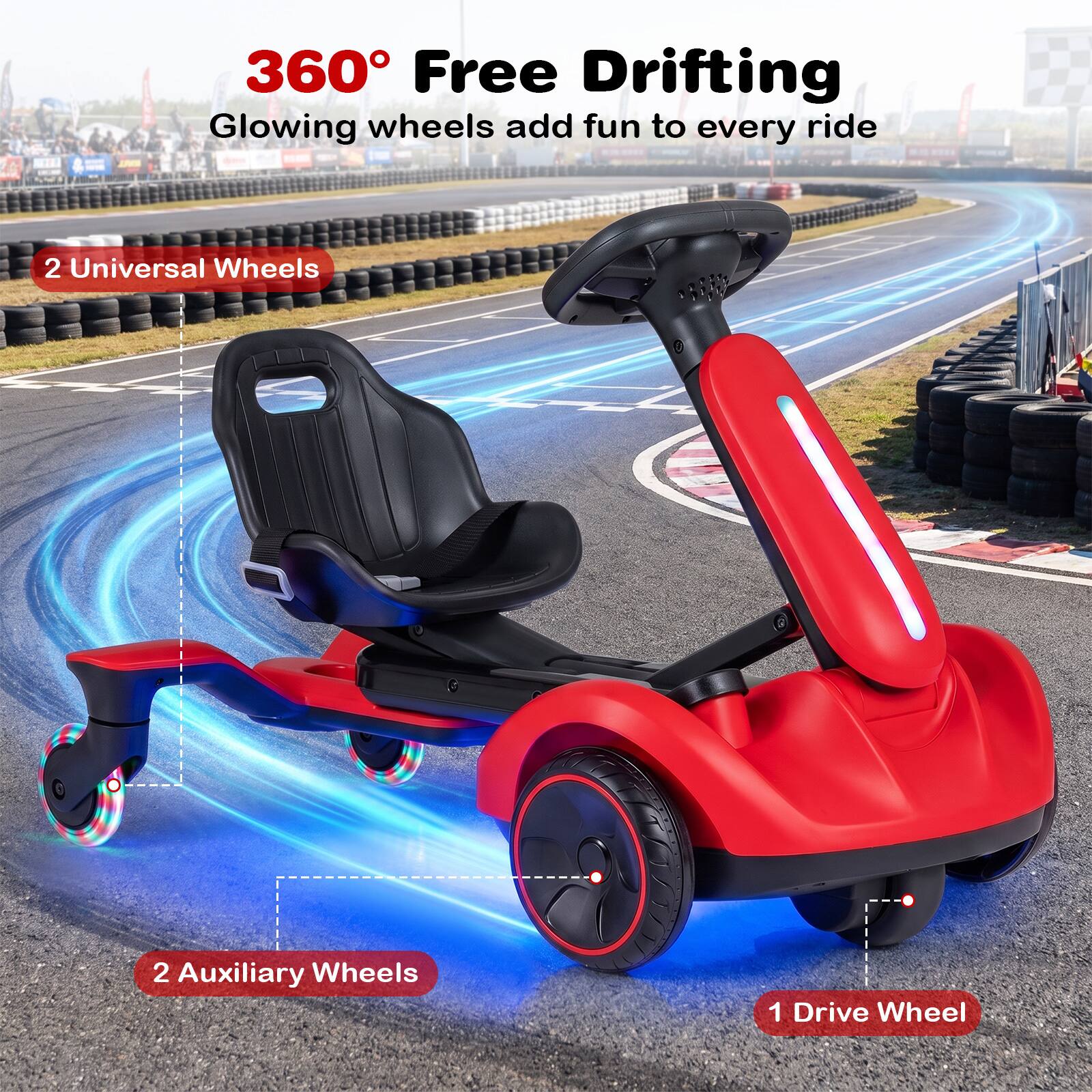 360° Free Drifting  
Glowing wheels add fun to every ride  
2 Universal Wheels  
2 Auxiliary Wheels  
1 Drive Wheel
